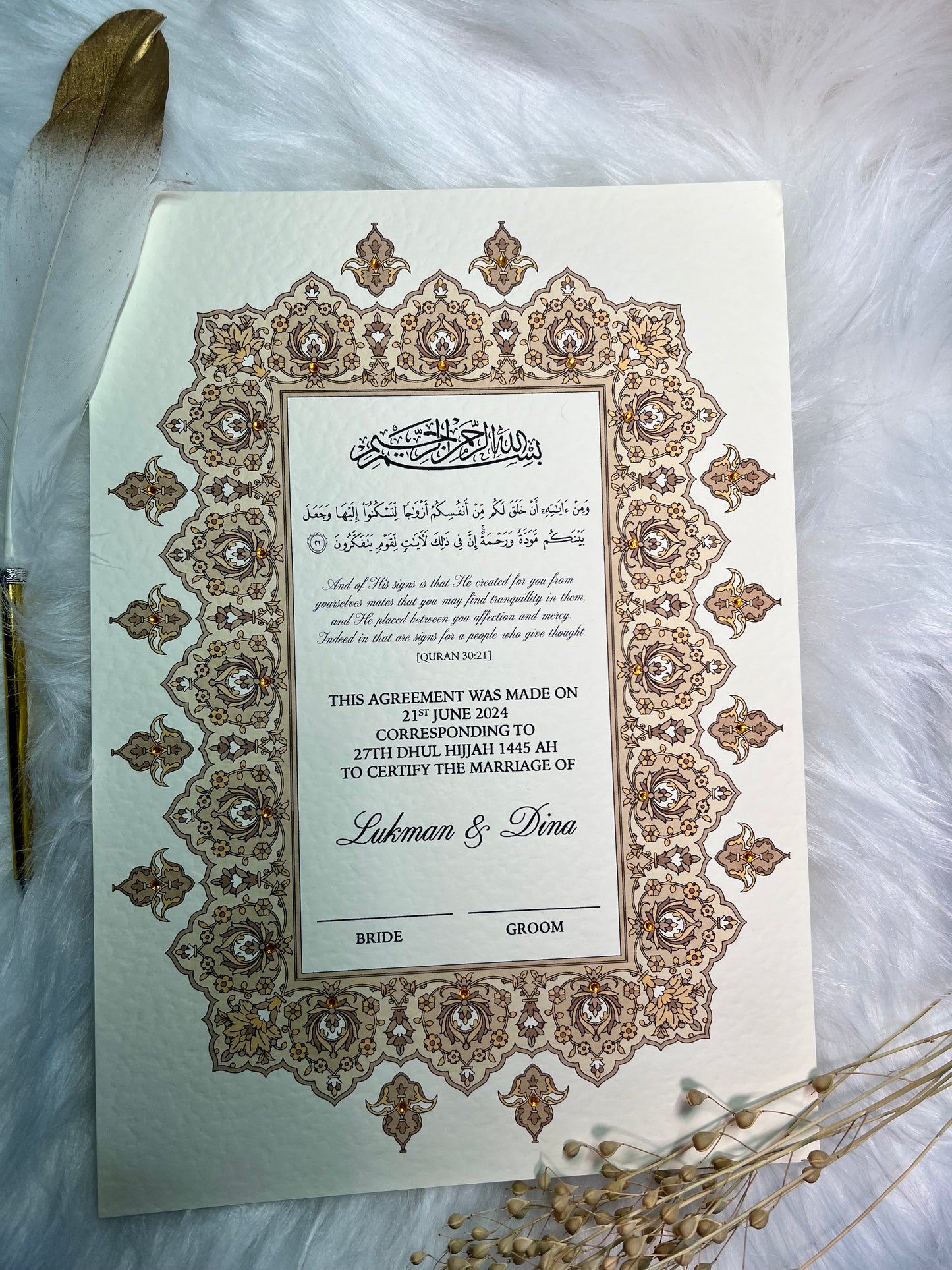 Gold Nikkah Certificate FREE Feather Pen Included