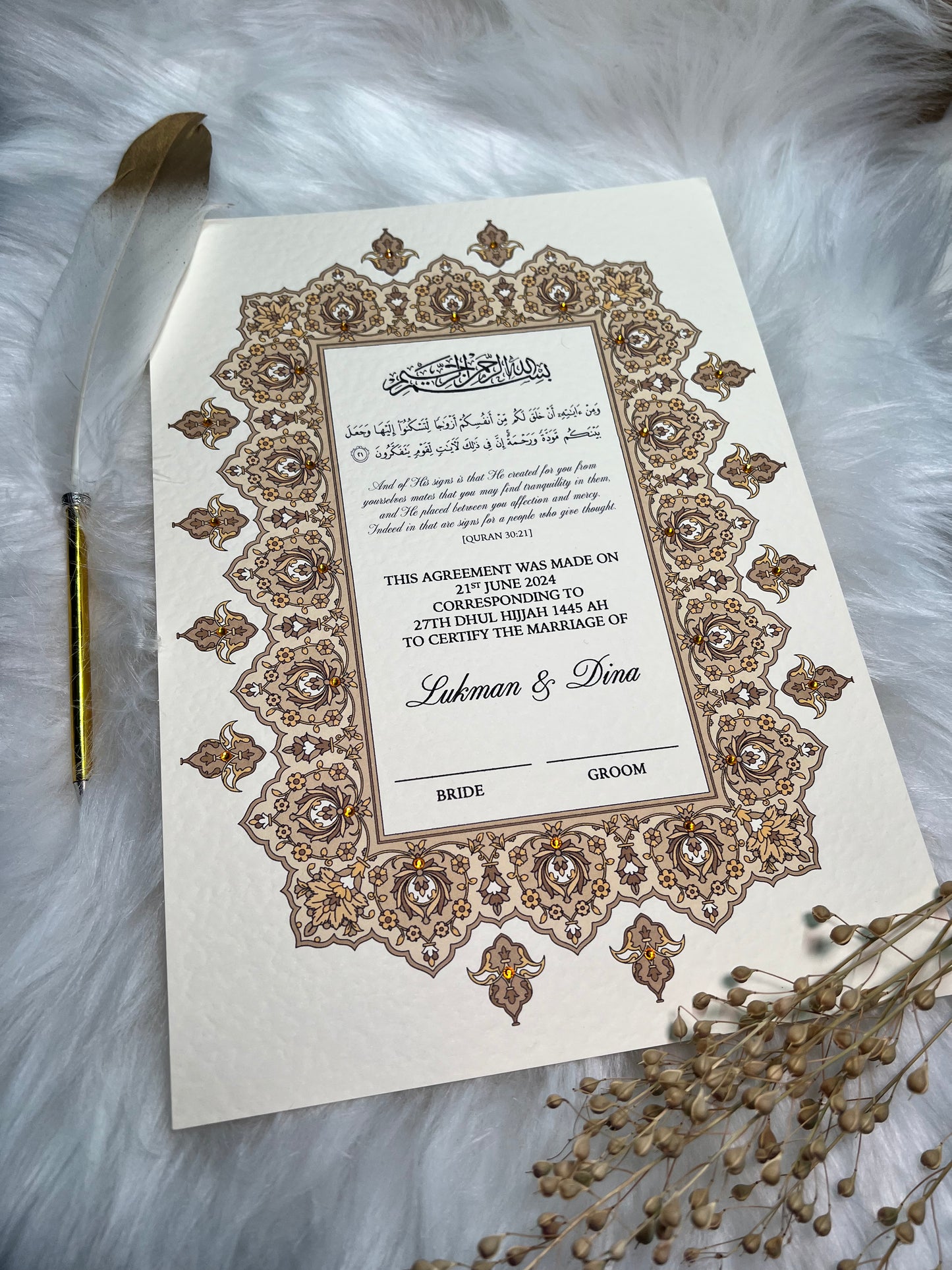 Gold Nikkah Certificate FREE Feather Pen Included