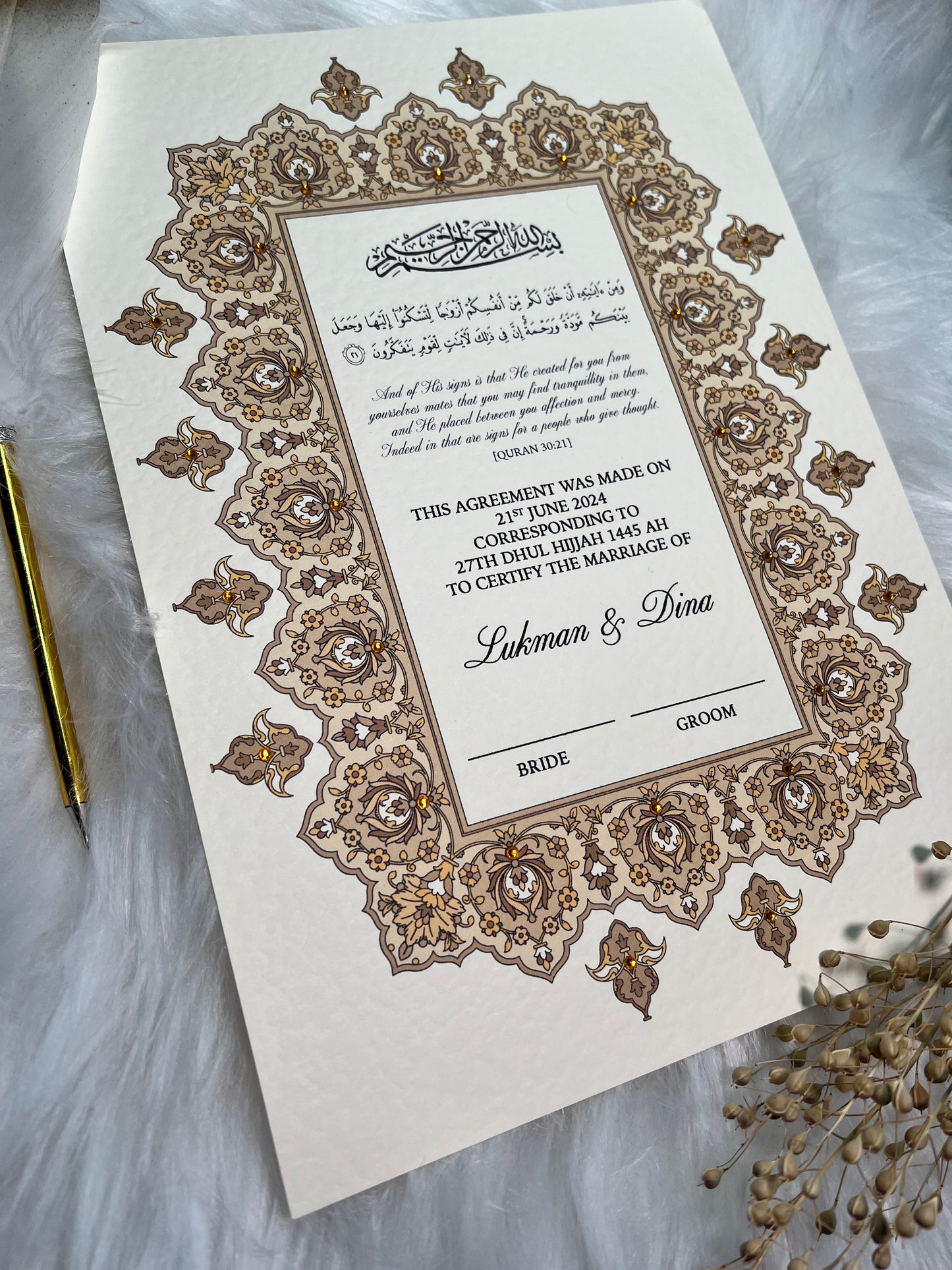 Gold Nikkah Certificate FREE Feather Pen Included