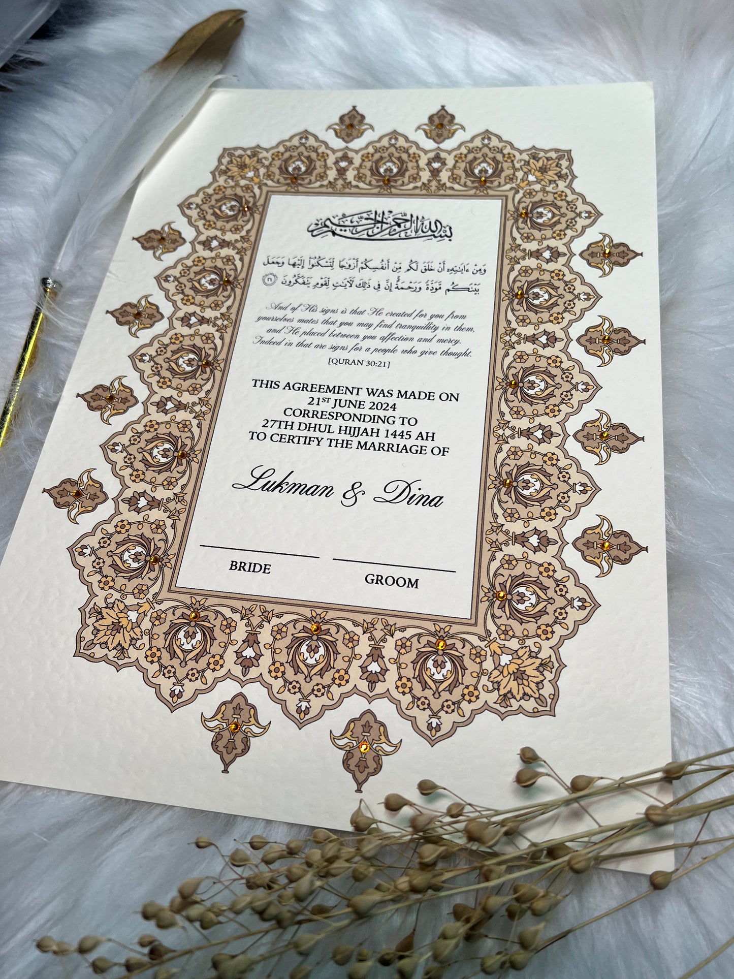 Gold Nikkah Certificate FREE Feather Pen Included