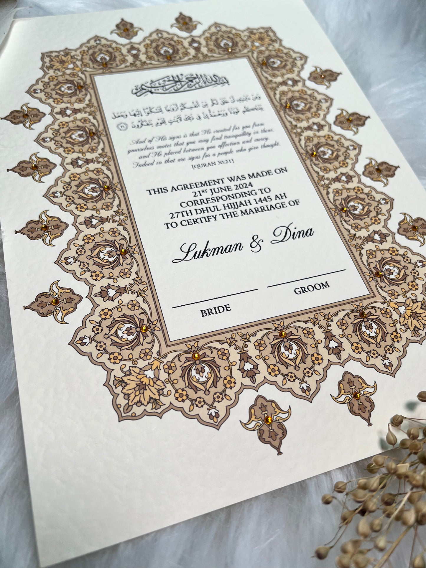 Gold Nikkah Certificate FREE Feather Pen Included
