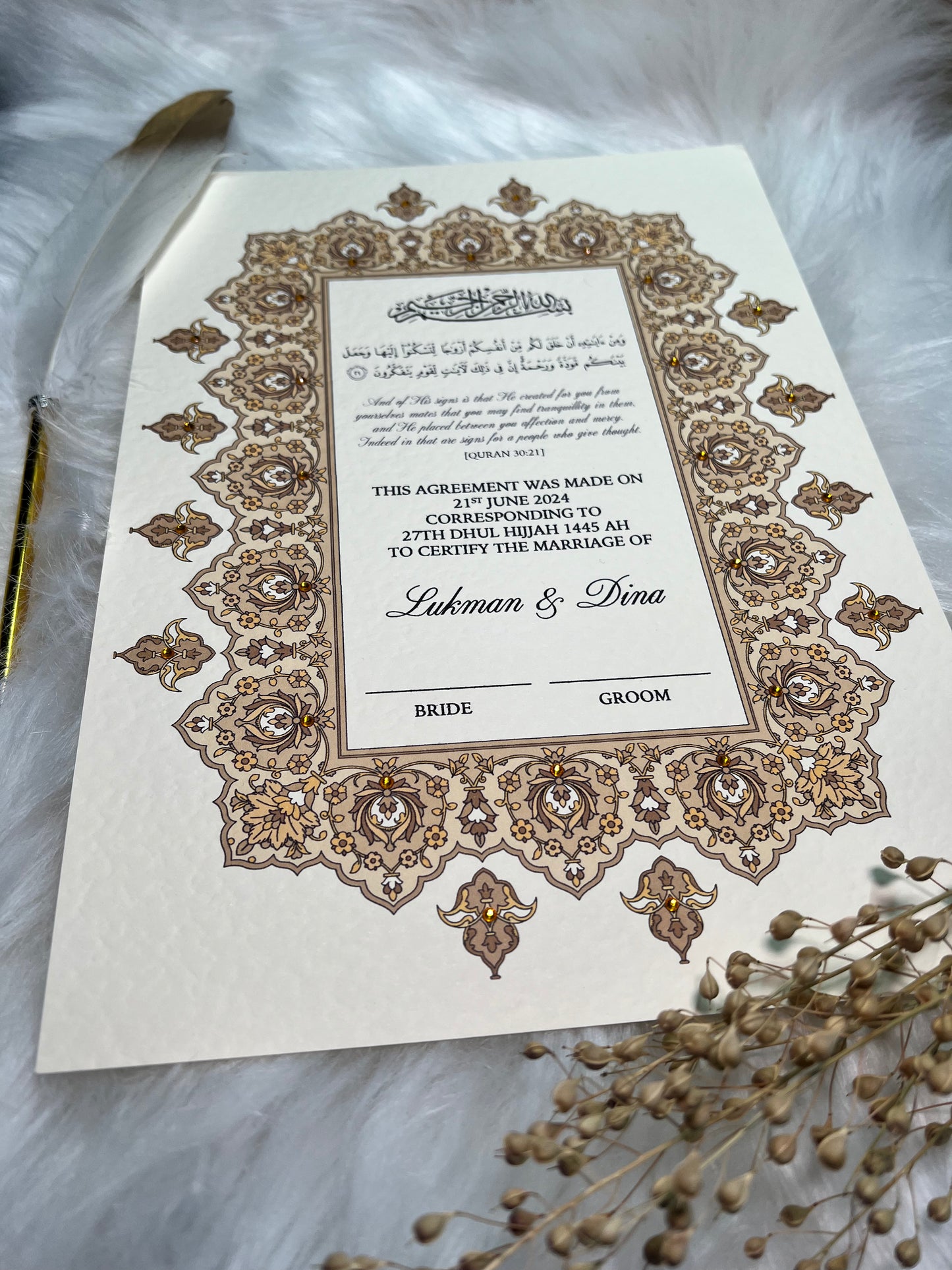 Gold Nikkah Certificate FREE Feather Pen Included