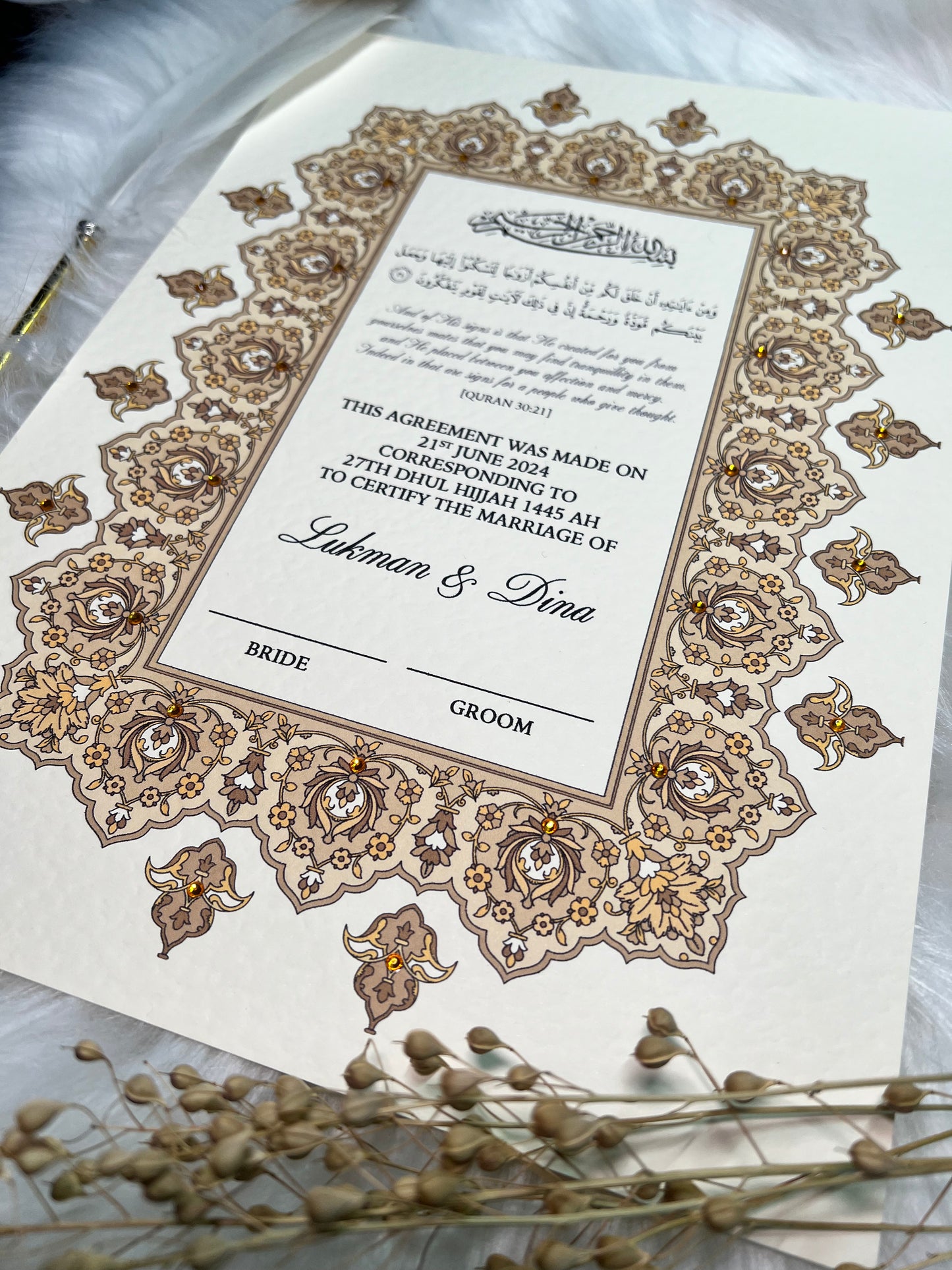 Gold Nikkah Certificate FREE Feather Pen Included