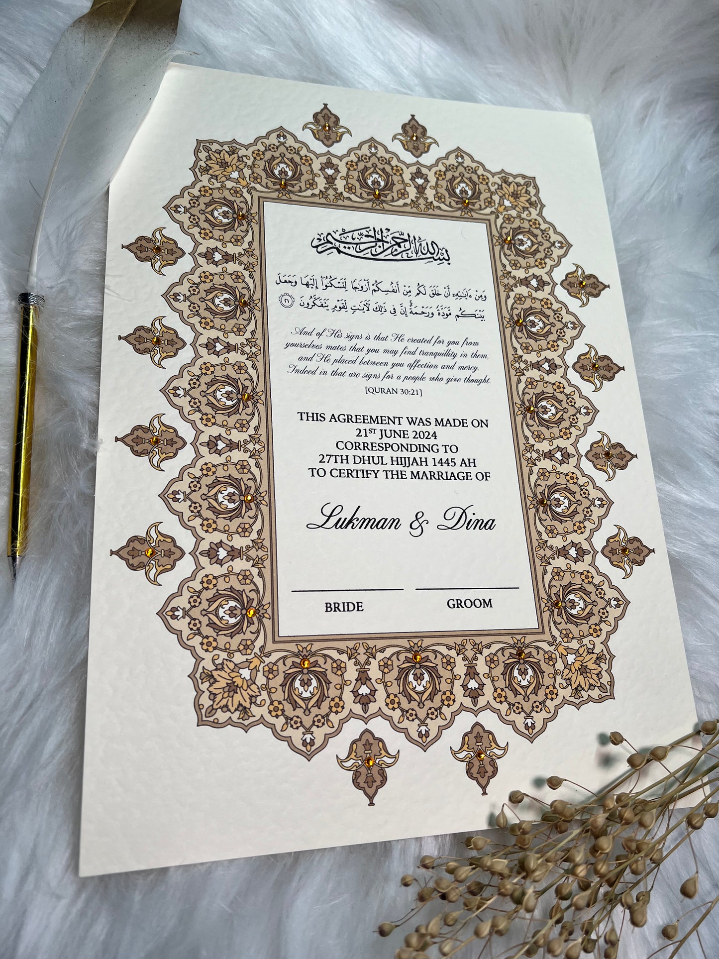 Gold Nikkah Certificate FREE Feather Pen Included