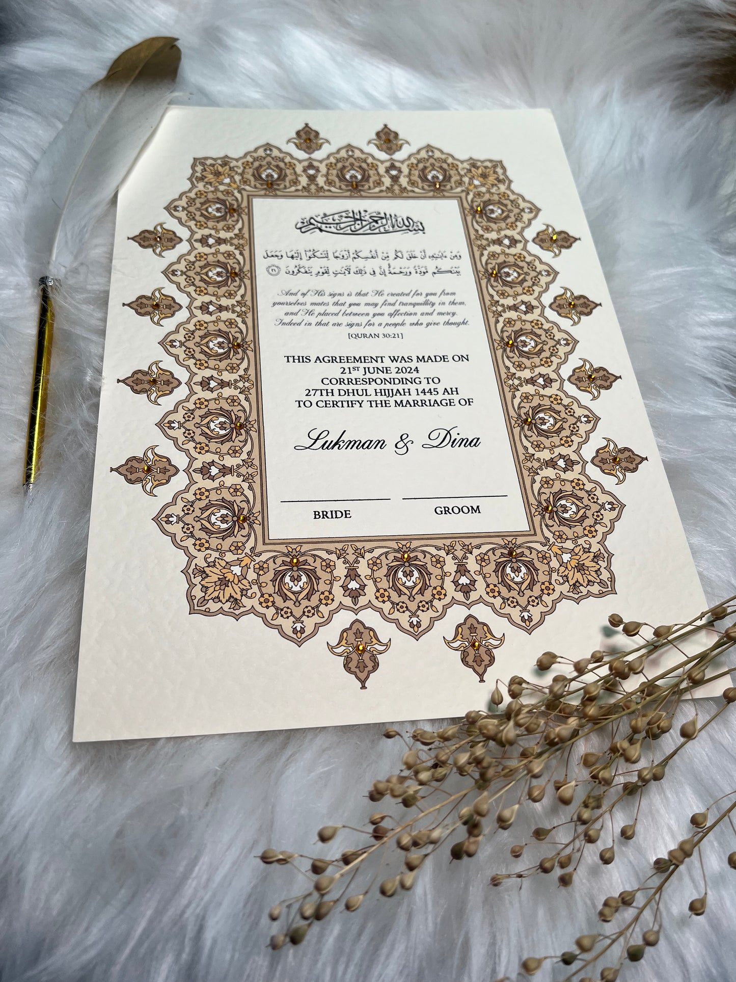 Gold Nikkah Certificate FREE Feather Pen Included