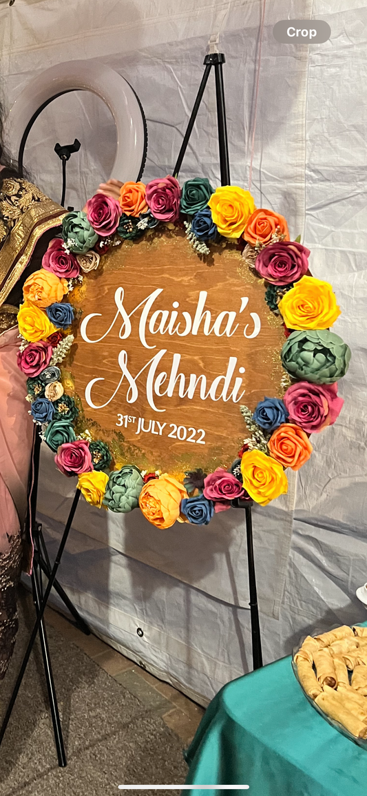 Round Colourful Wooden Mehndi Display Sign Board (hire)