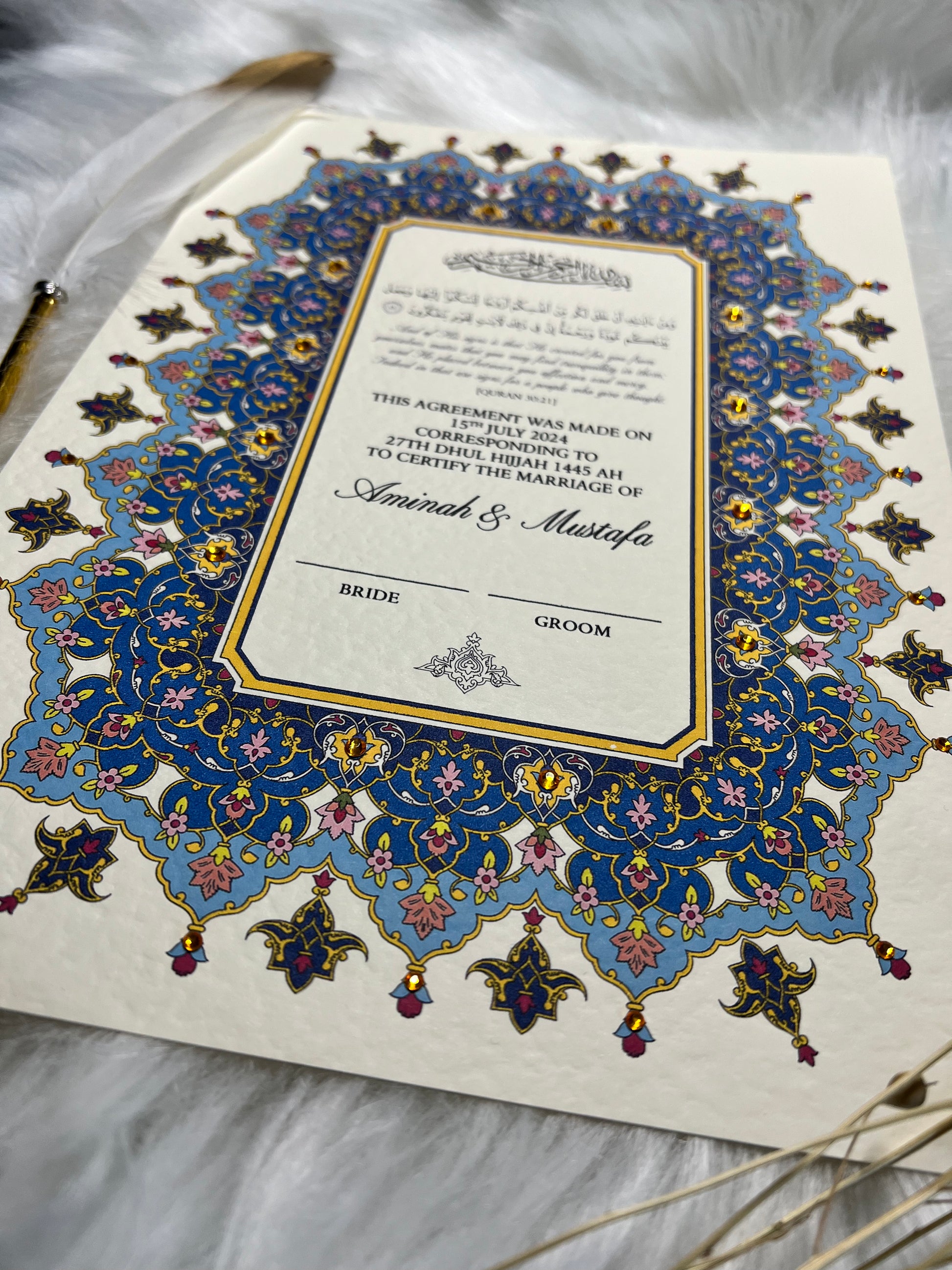 Luxury Blue Nikkah Certificate FREE Feather Pen Included