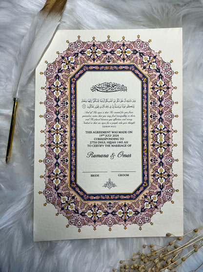 Luxury Pink Nikkah Certificate FREE Feather Pen Included