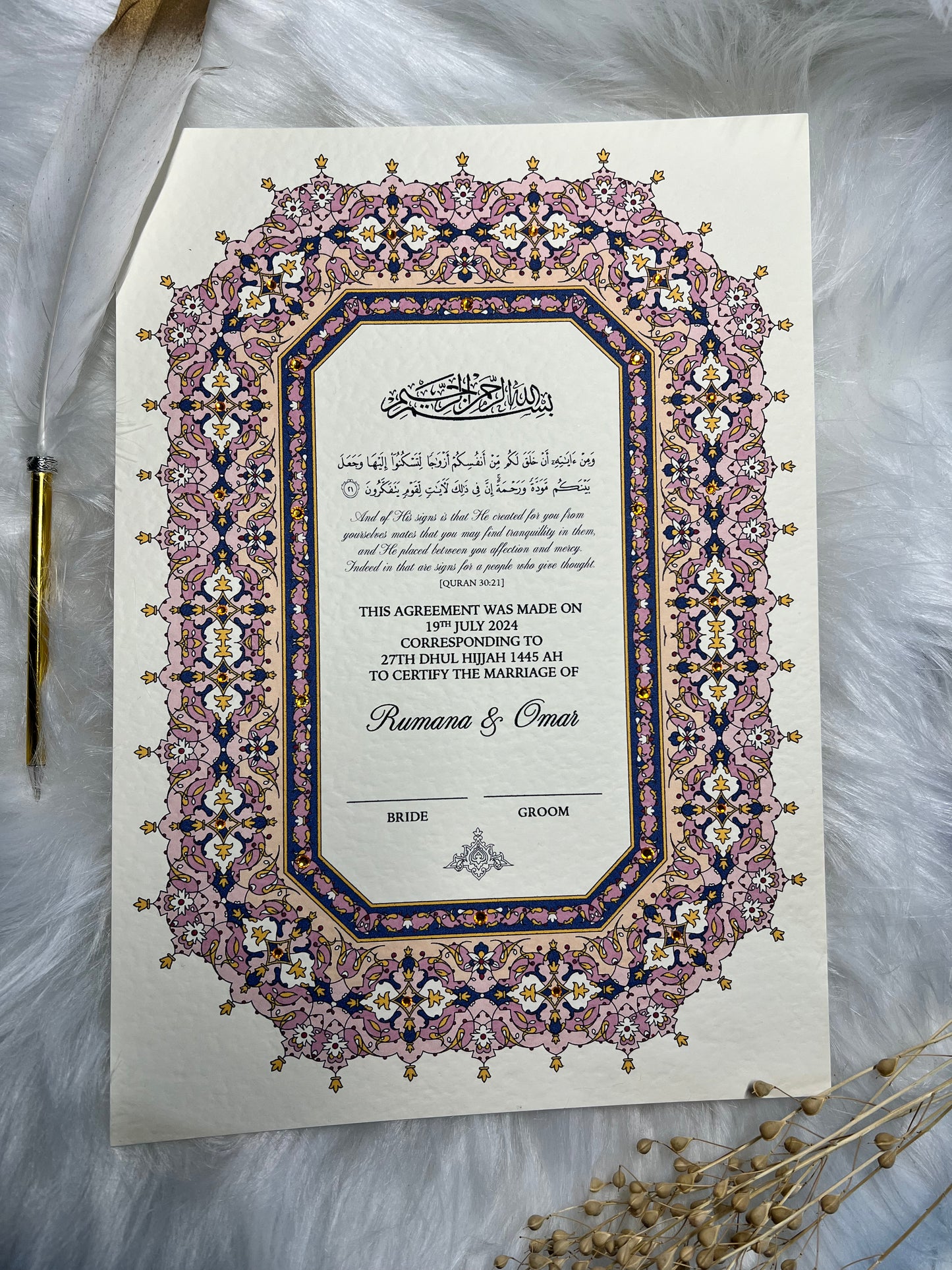 Luxury Pink Nikkah Certificate FREE Feather Pen Included