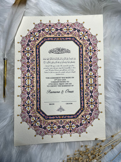 Luxury Pink Nikkah Certificate FREE Feather Pen Included