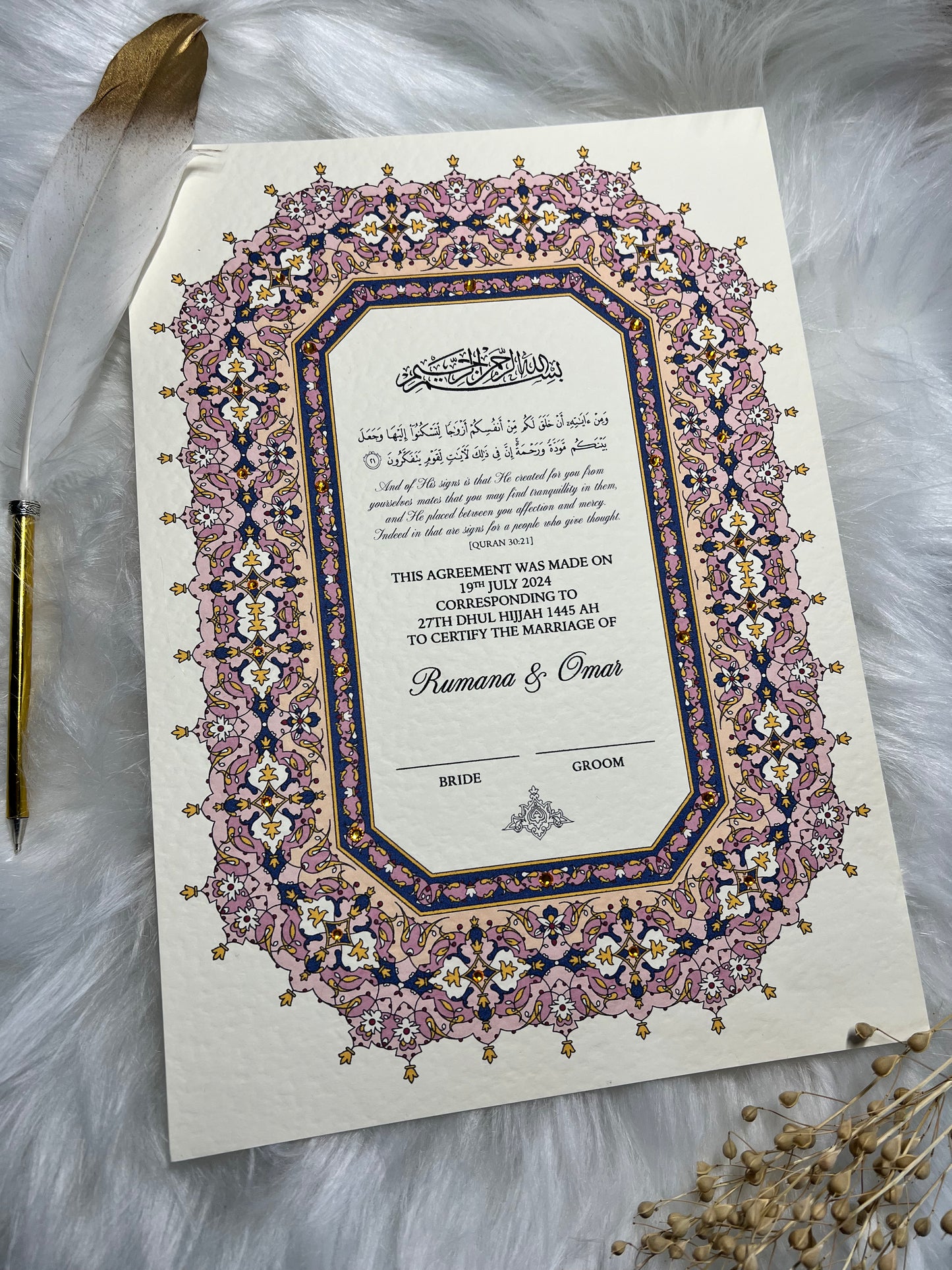 Luxury Pink Nikkah Certificate FREE Feather Pen Included