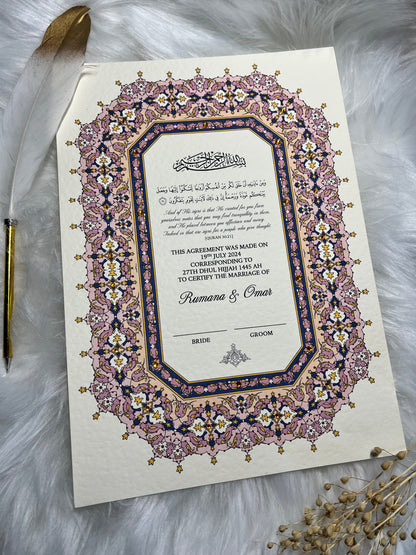 Luxury Pink Nikkah Certificate FREE Feather Pen Included