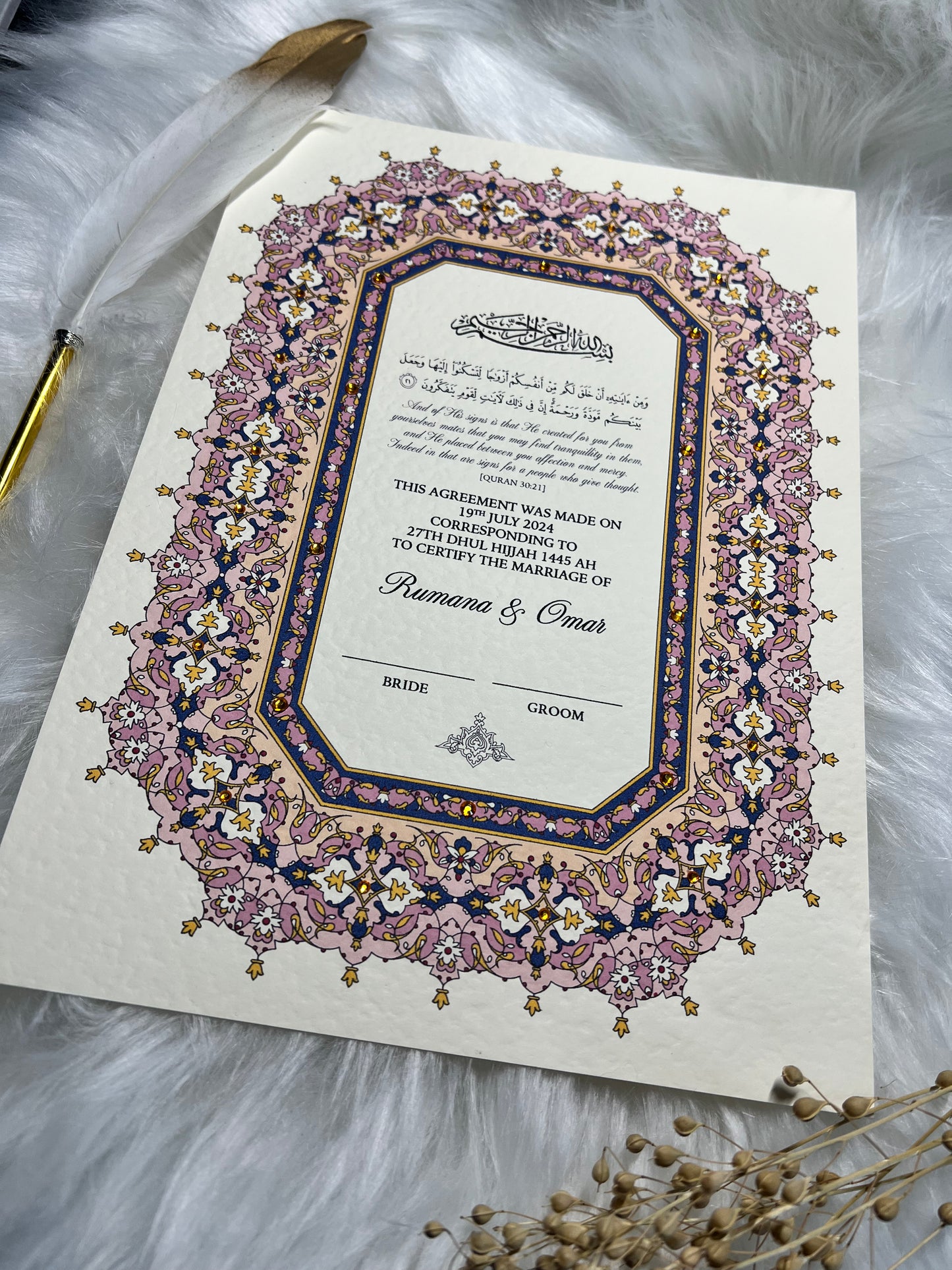 Luxury Pink Nikkah Certificate FREE Feather Pen Included