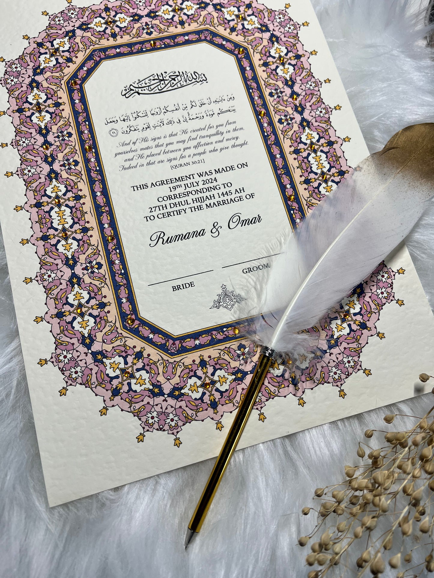 Luxury Pink Nikkah Certificate FREE Feather Pen Included