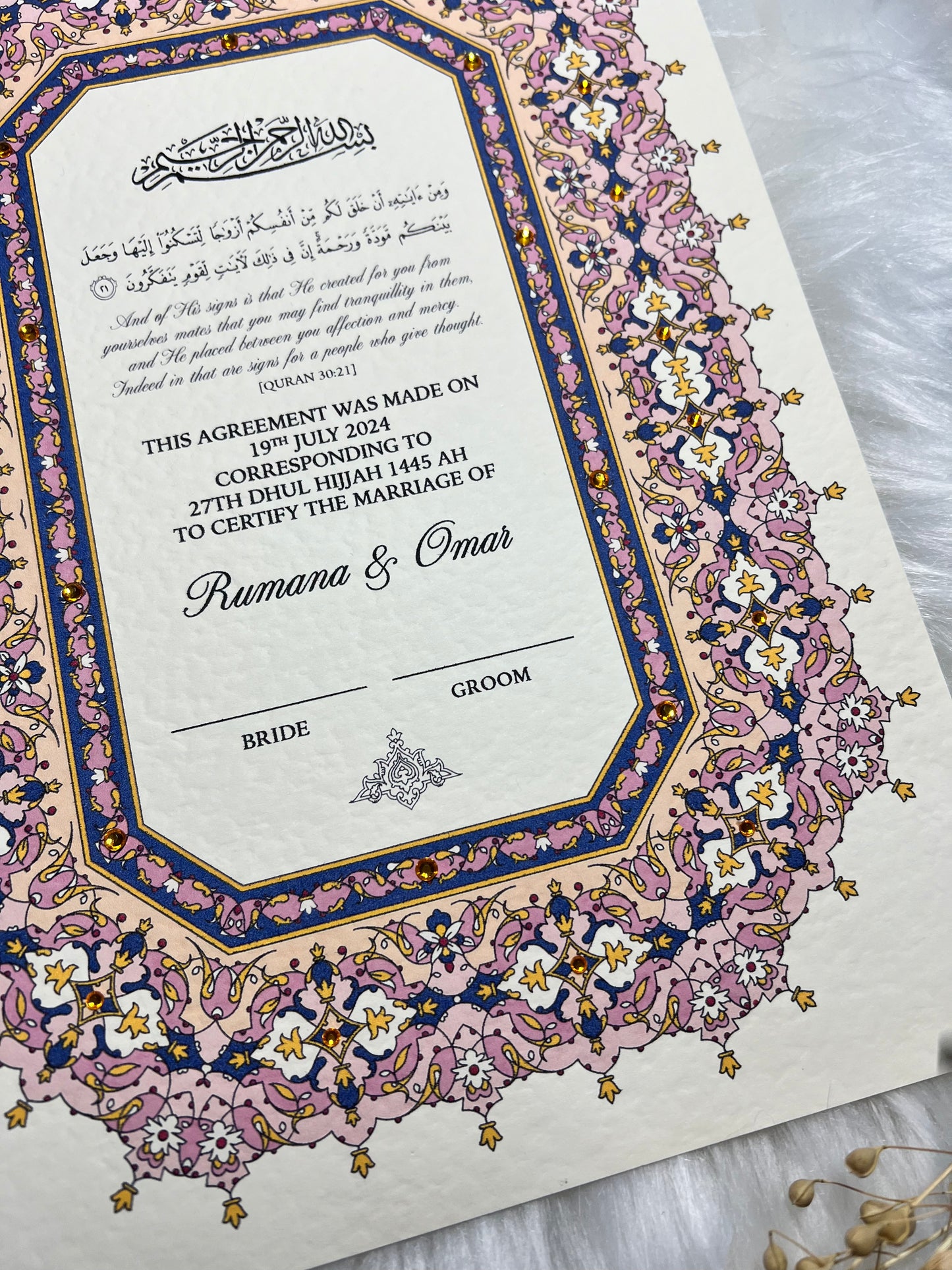 Luxury Pink Nikkah Certificate FREE Feather Pen Included