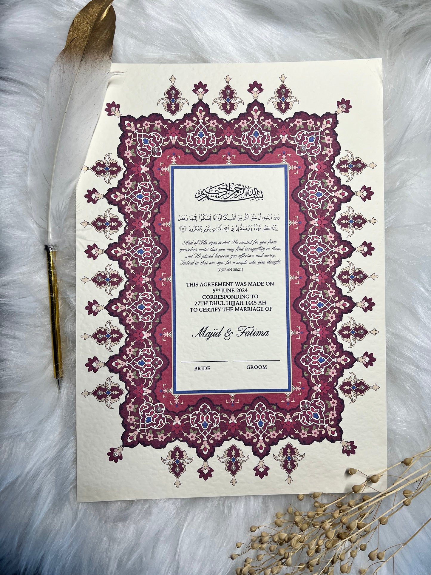 Maroon Nikkah Certificate FREE Feather Pen Included