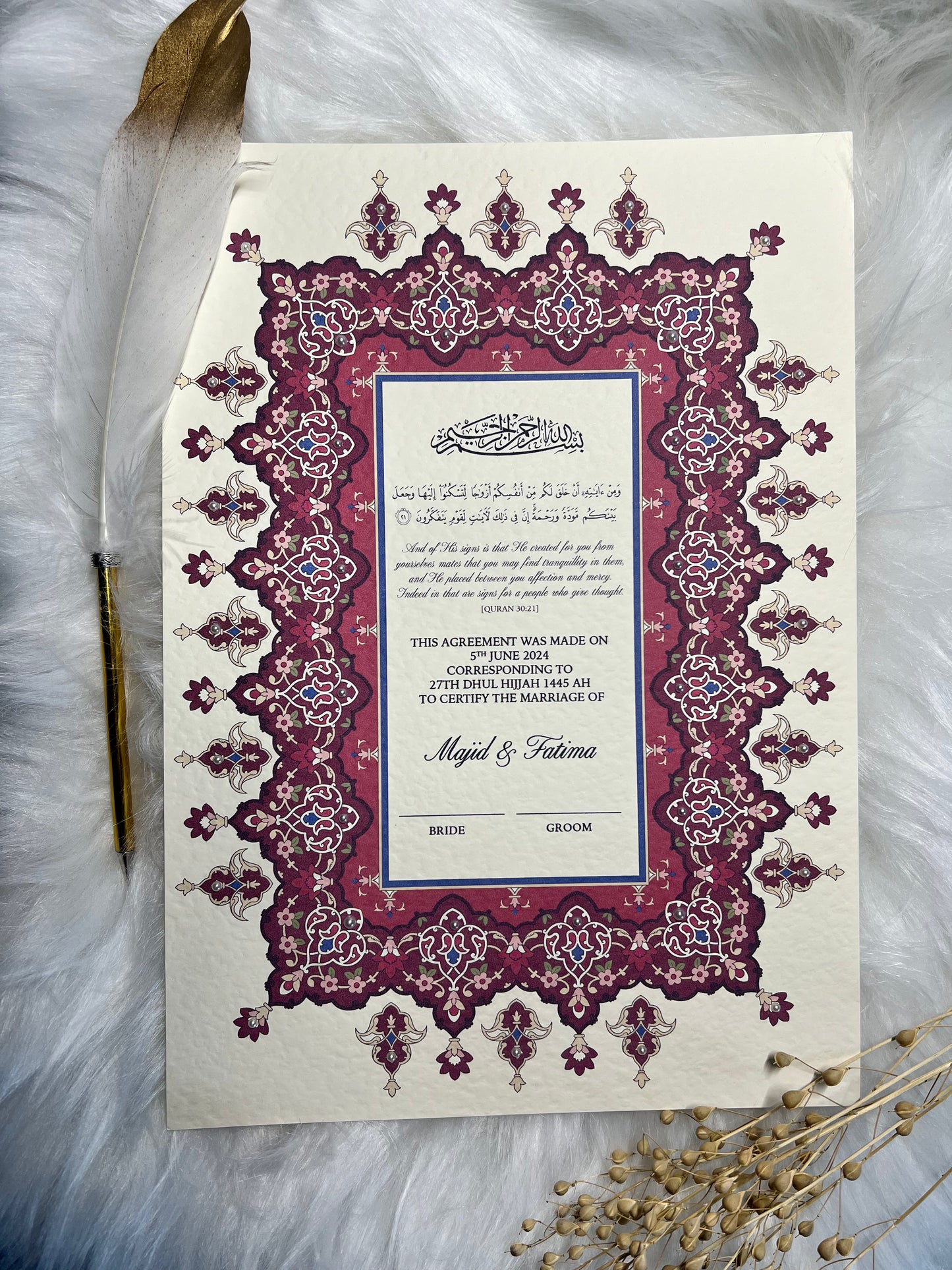 Maroon Nikkah Certificate FREE Feather Pen Included