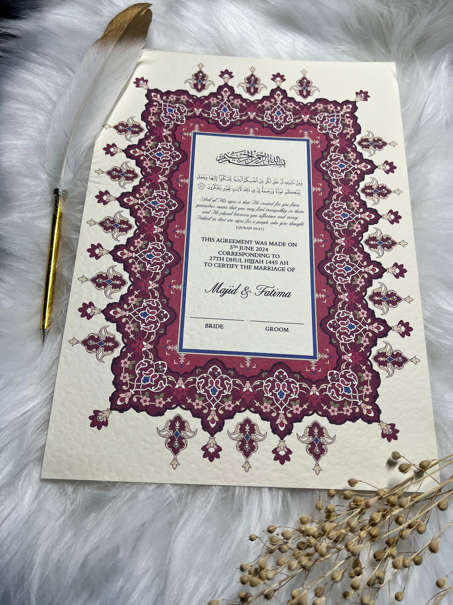 Maroon Nikkah Certificate FREE Feather Pen Included