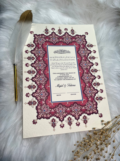 Maroon Nikkah Certificate FREE Feather Pen Included