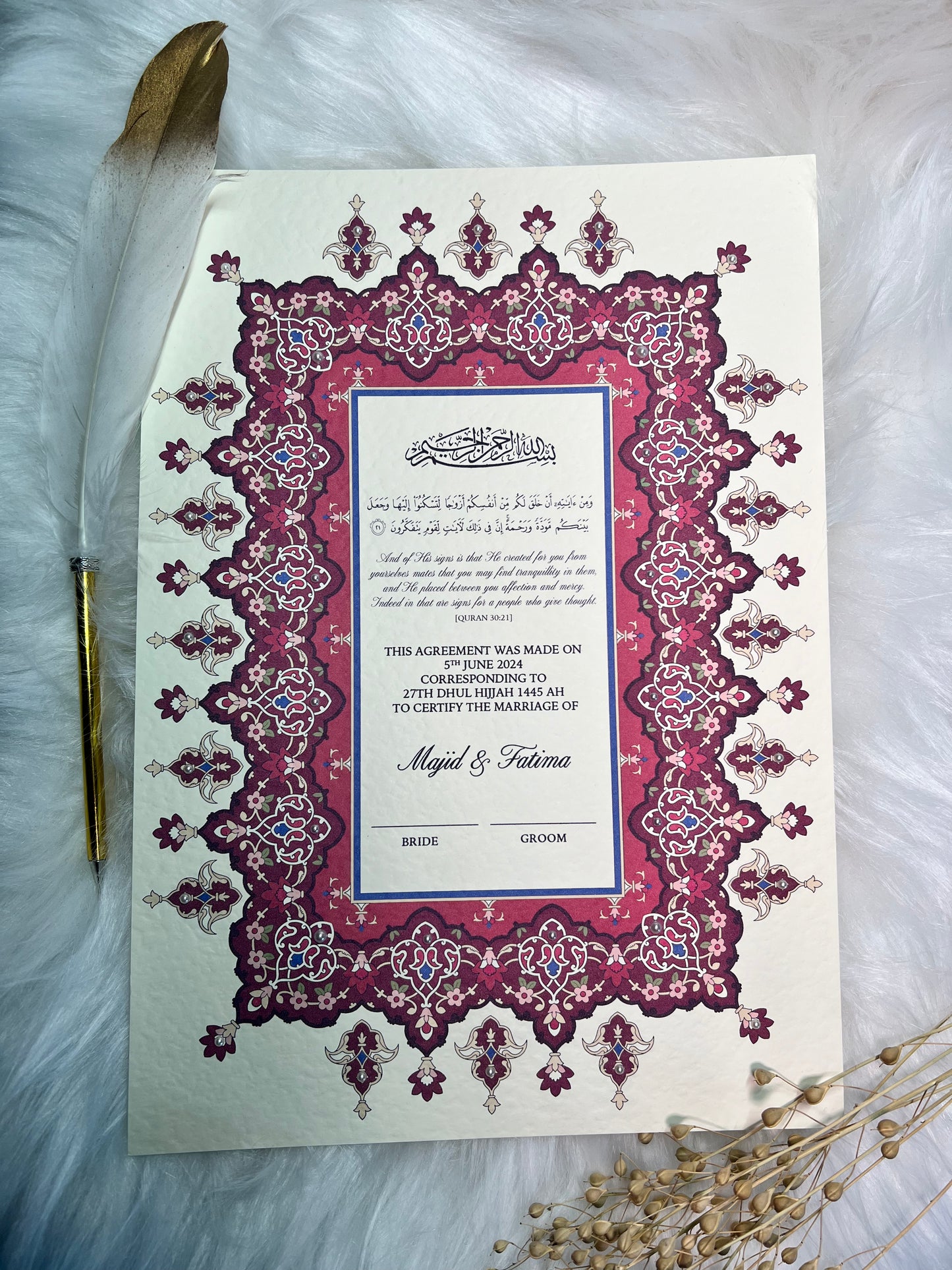 Maroon Nikkah Certificate FREE Feather Pen Included