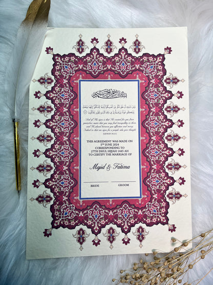 Maroon Nikkah Certificate FREE Feather Pen Included