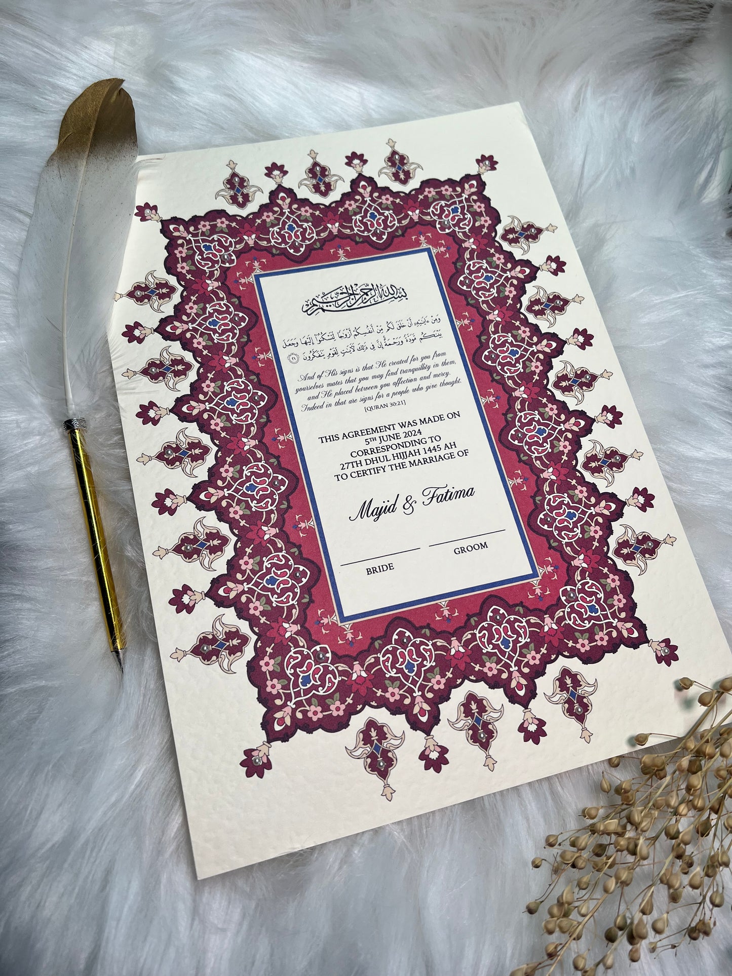 Maroon Nikkah Certificate FREE Feather Pen Included