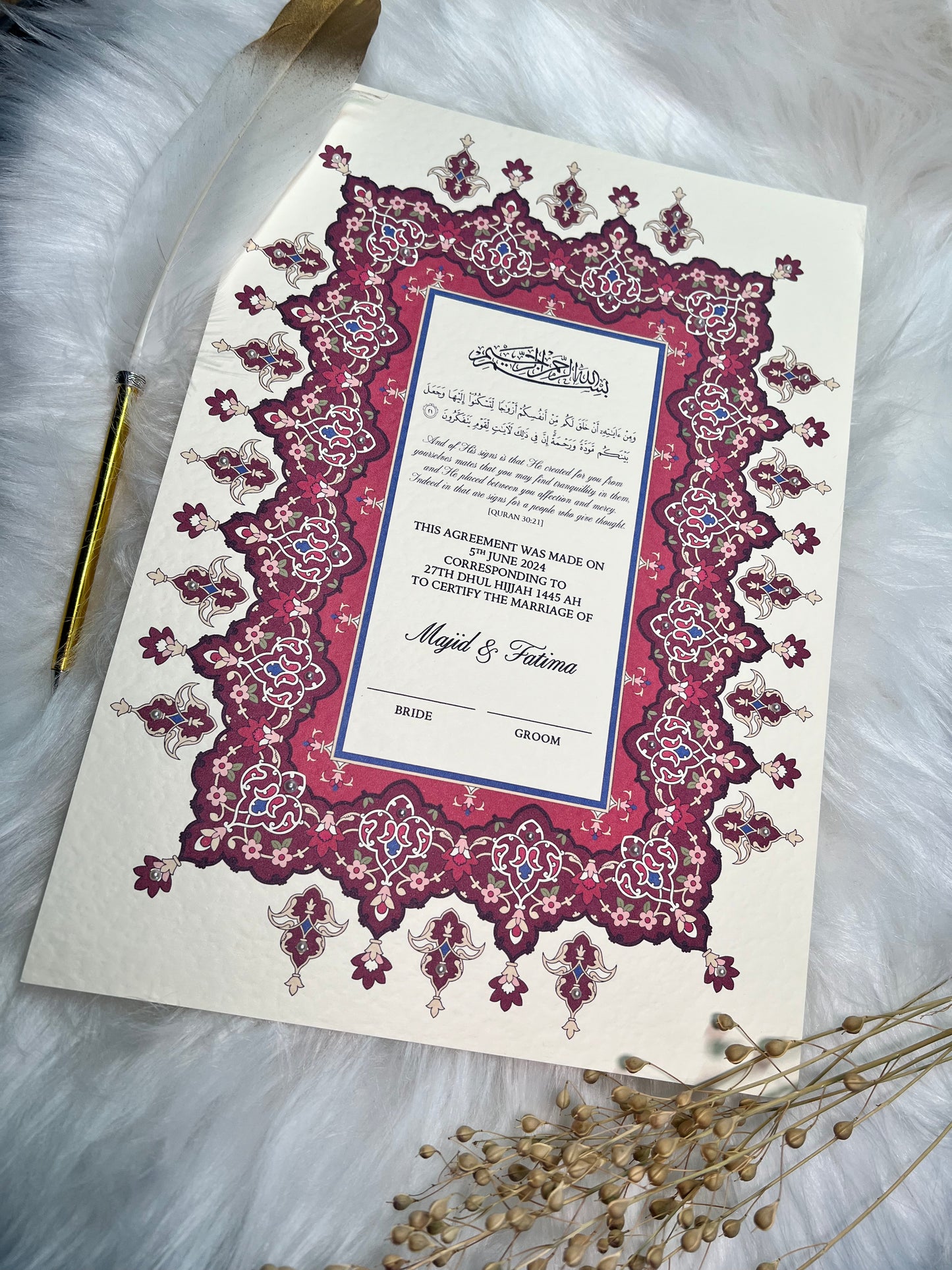 Maroon Nikkah Certificate FREE Feather Pen Included