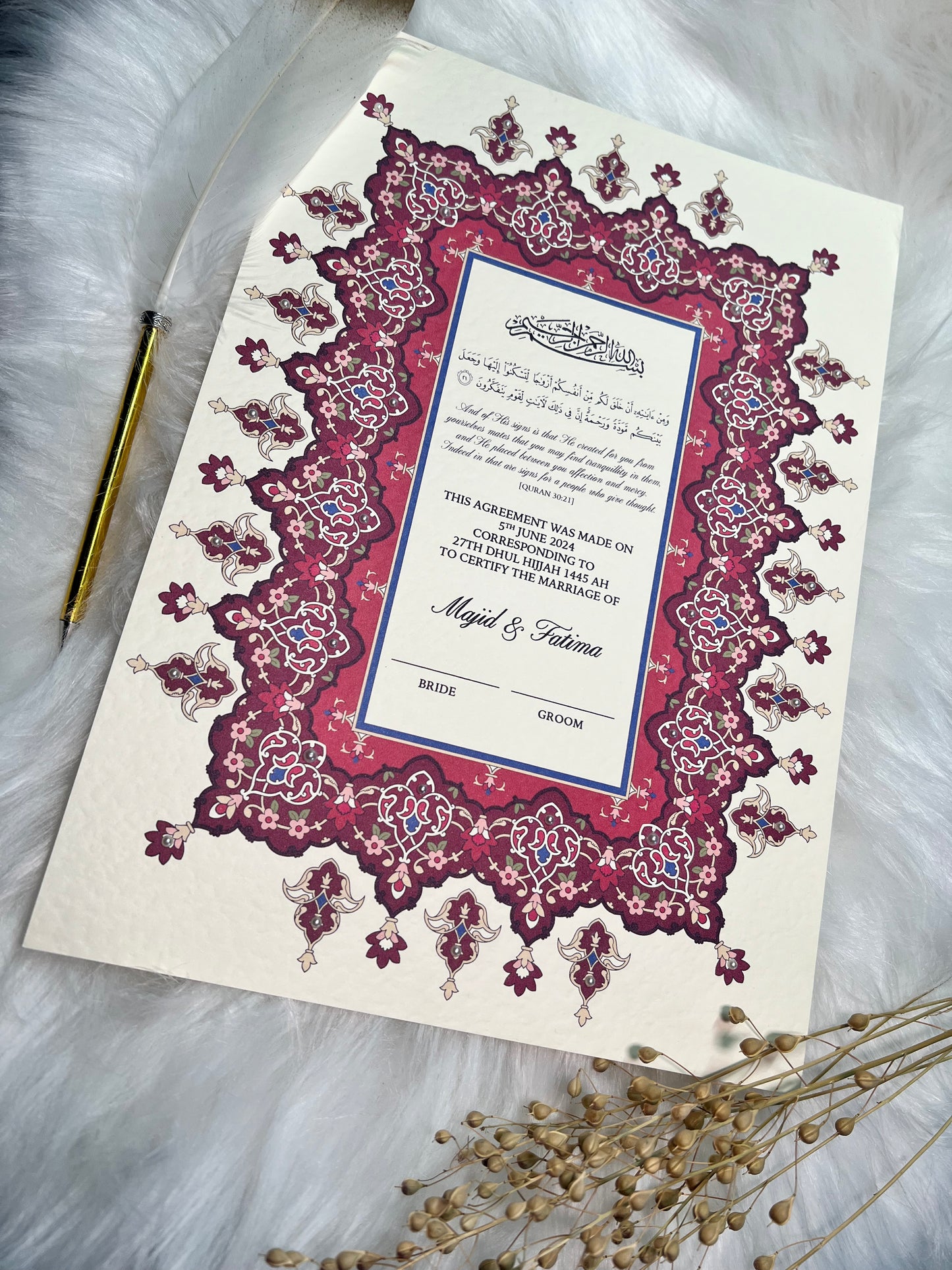 Maroon Nikkah Certificate FREE Feather Pen Included