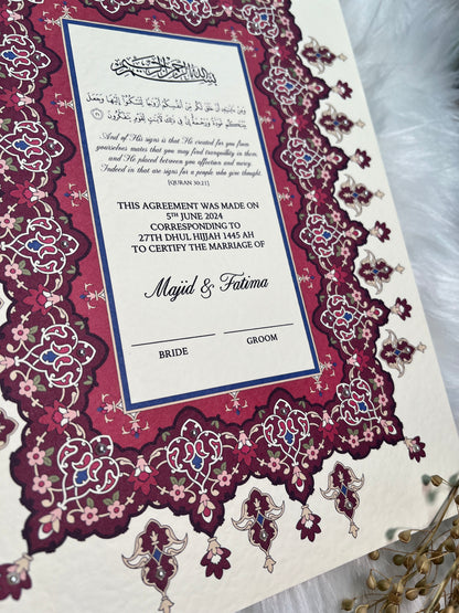 Maroon Nikkah Certificate FREE Feather Pen Included