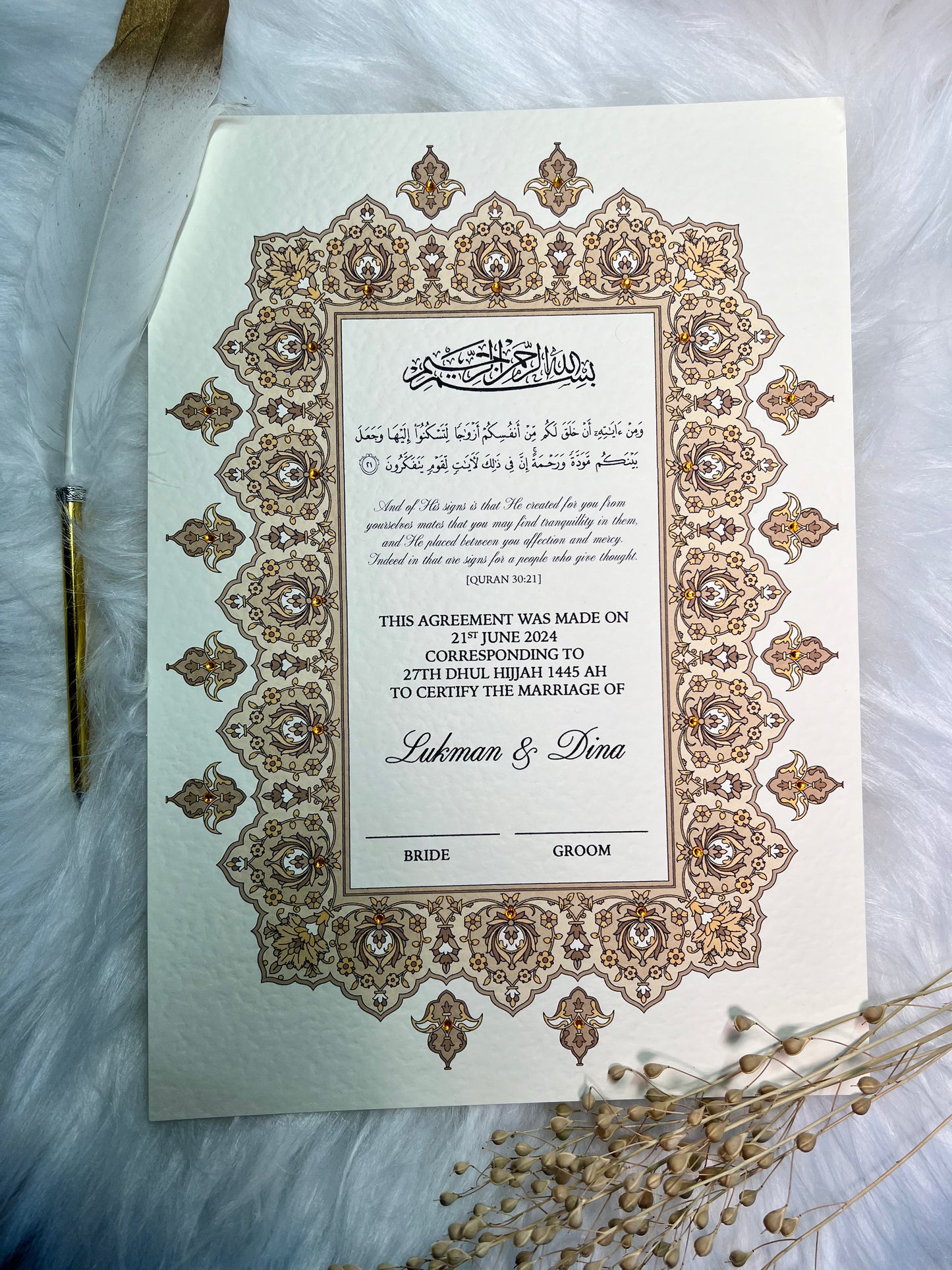 Gold Nikkah Certificate FREE Feather Pen Included