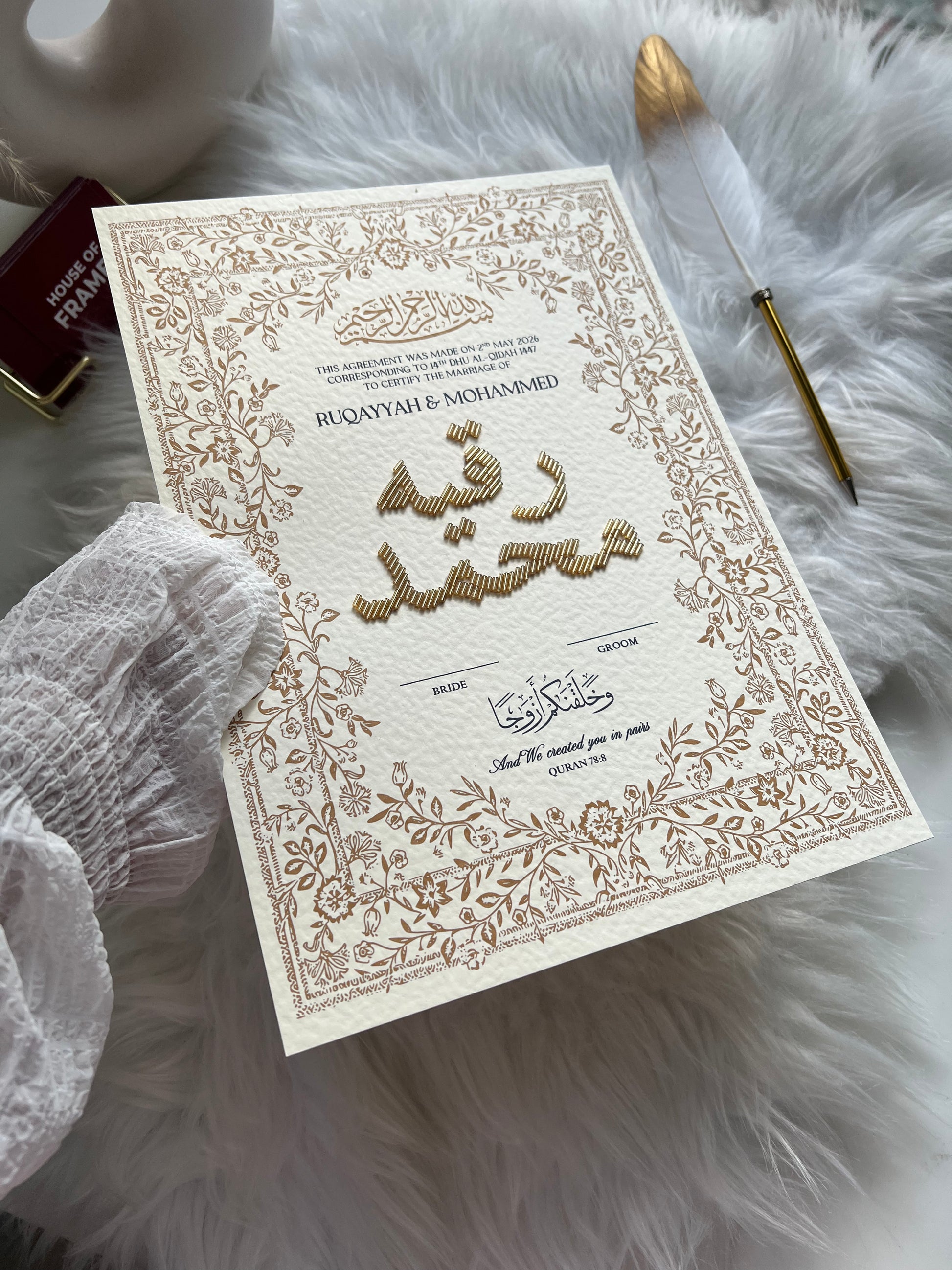 Premium Gold Floral Embellished Luxury Nikkah Certificate FREE Feather Pen Included
