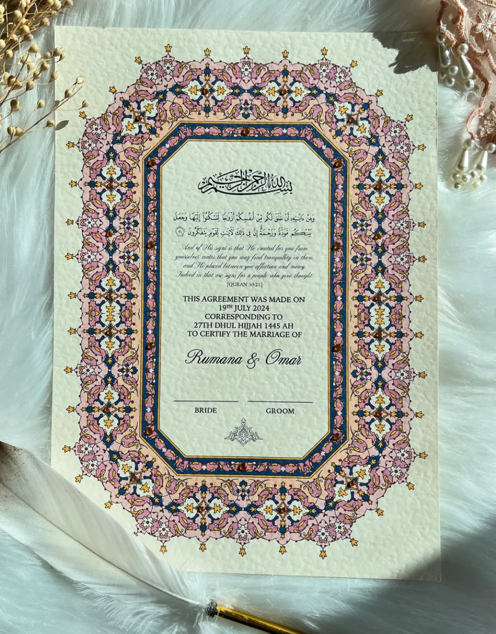 Luxury Pink Nikkah Certificate FREE Feather Pen Included