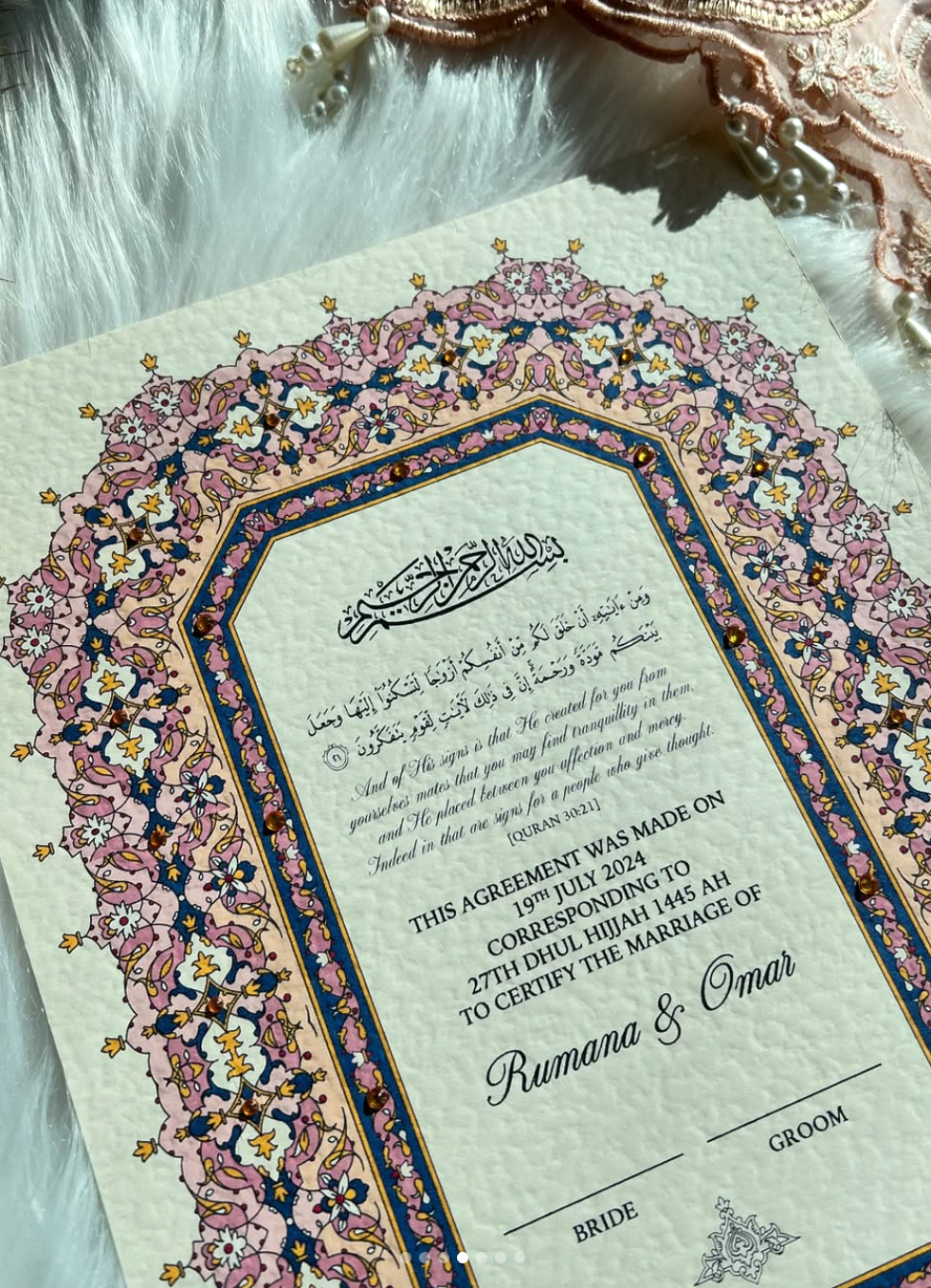 Luxury Pink Nikkah Certificate FREE Feather Pen Included