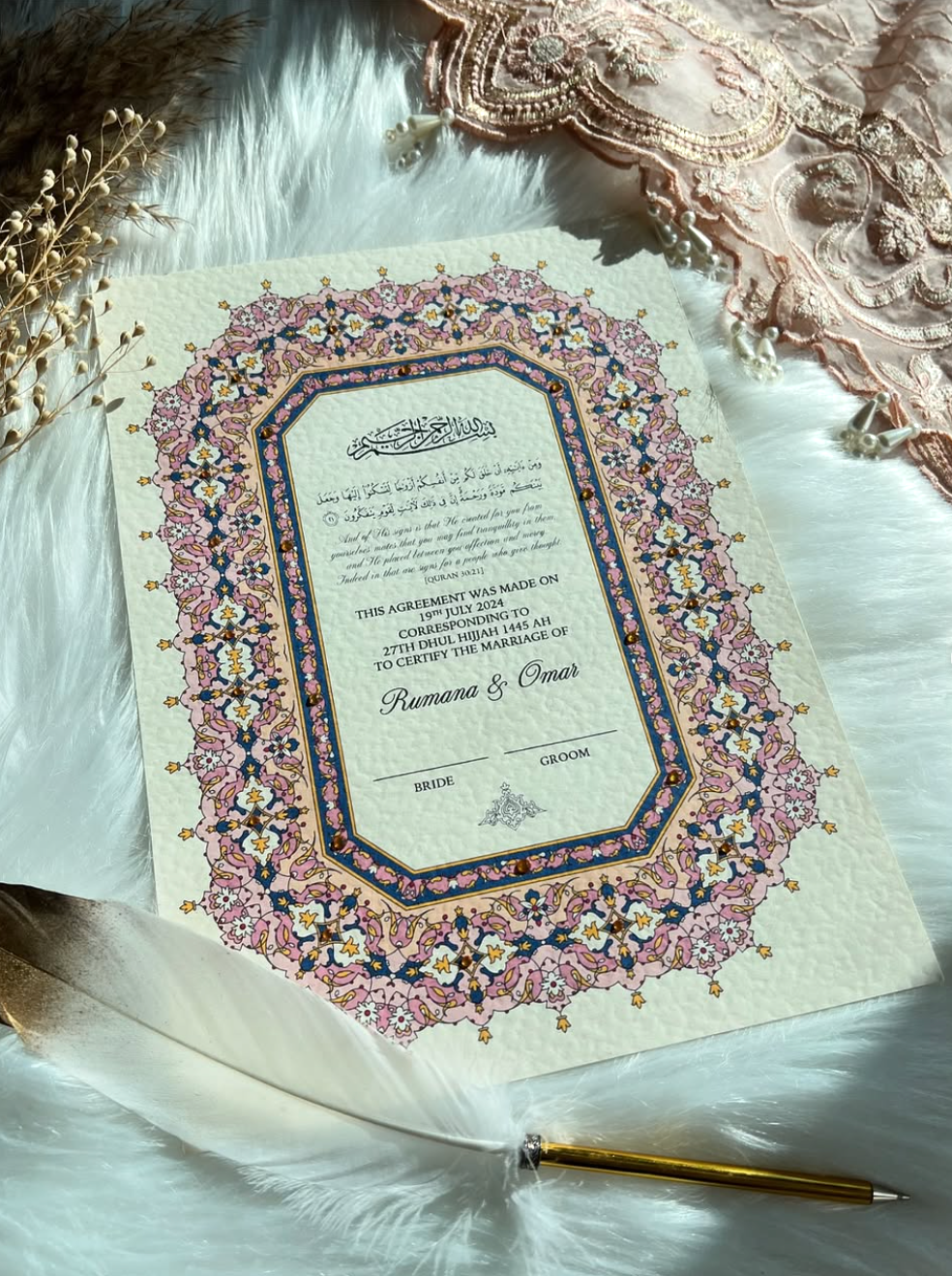 Luxury Pink Nikkah Certificate FREE Feather Pen Included