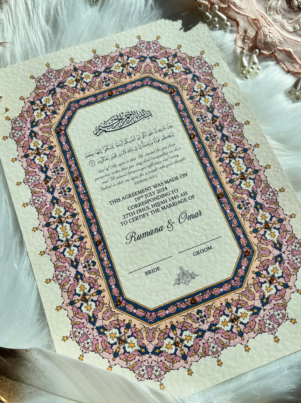Luxury Pink Nikkah Certificate FREE Feather Pen Included