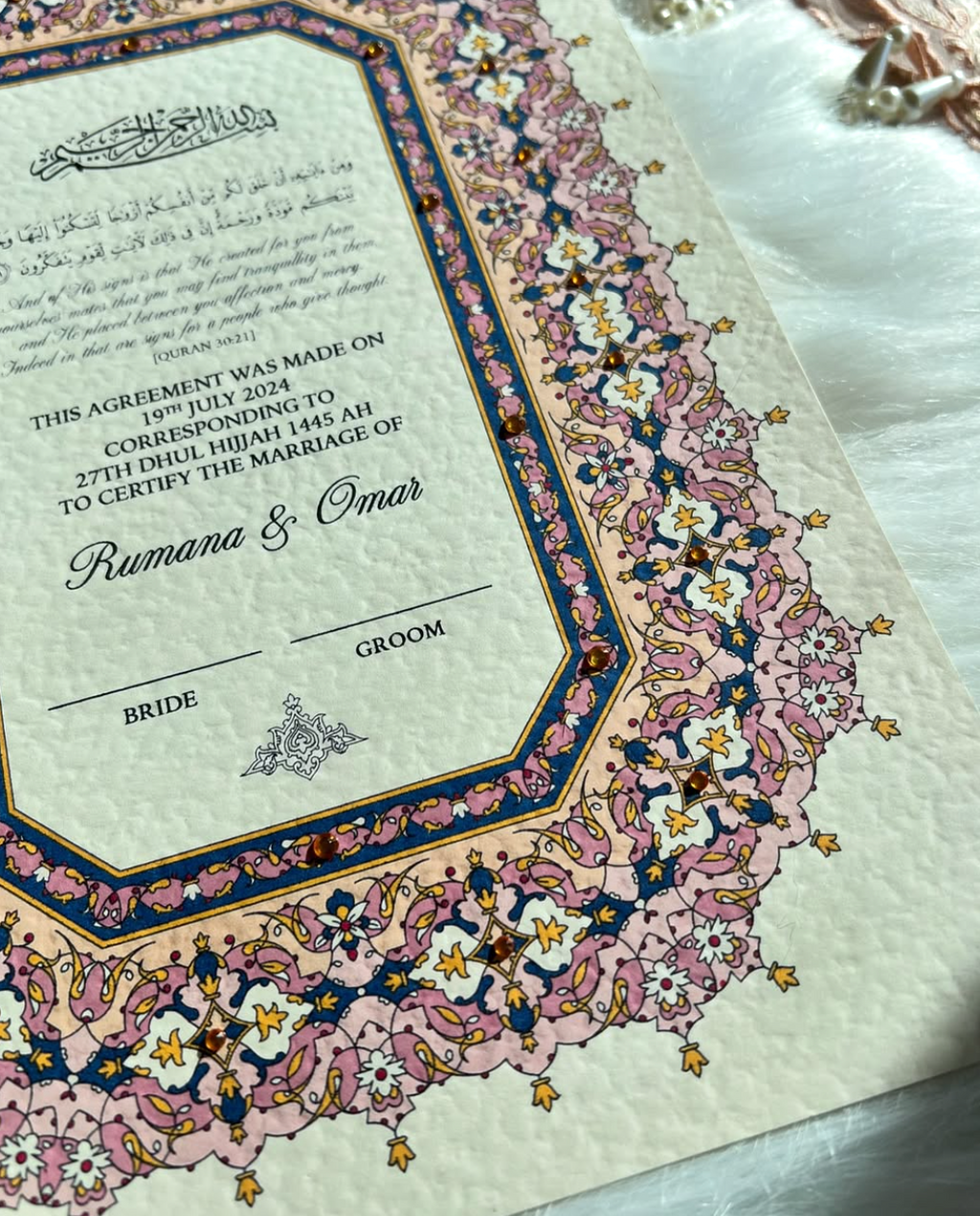 Luxury Pink Nikkah Certificate FREE Feather Pen Included