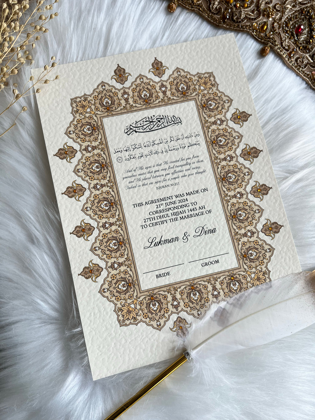 Gold Nikkah Certificate FREE Feather Pen Included