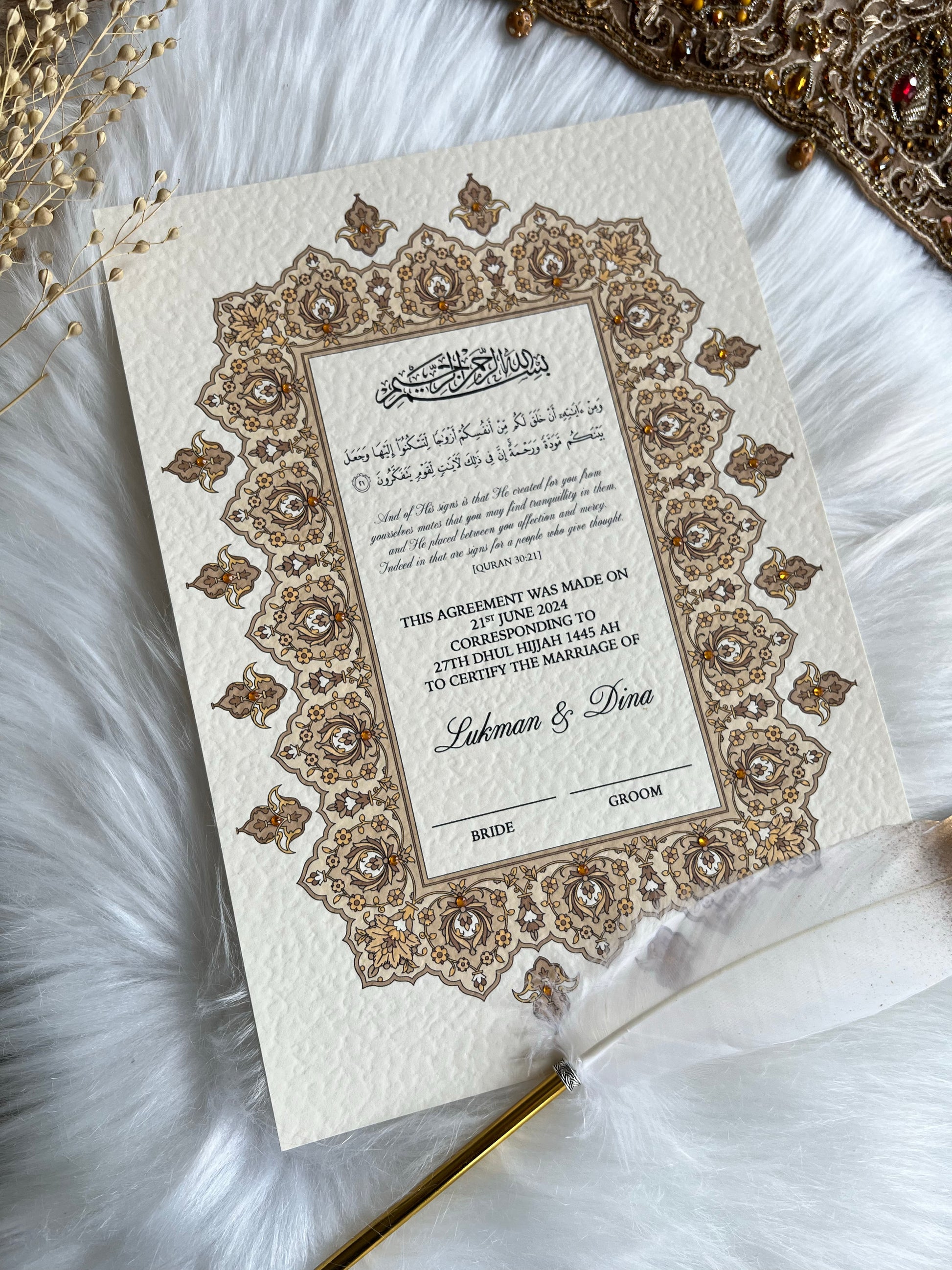 Gold Nikkah Certificate FREE Feather Pen Included