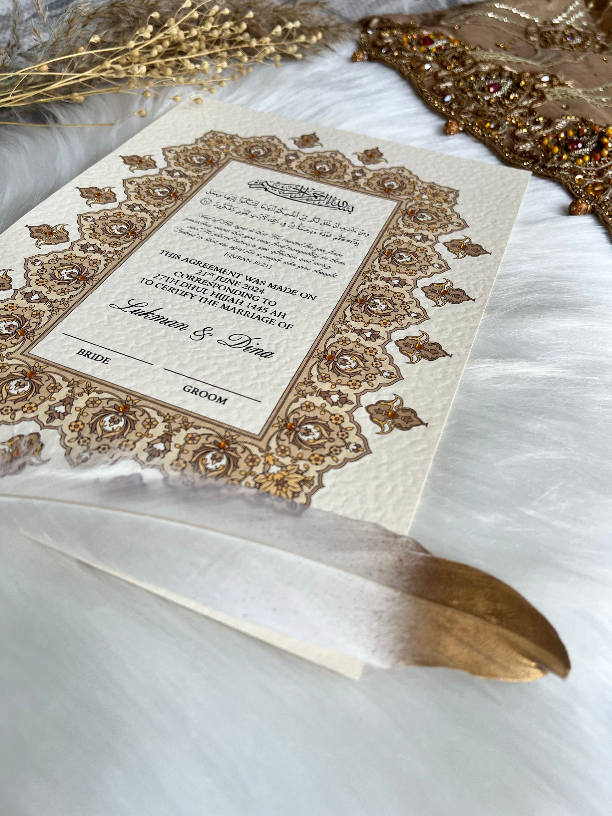 Gold Nikkah Certificate FREE Feather Pen Included