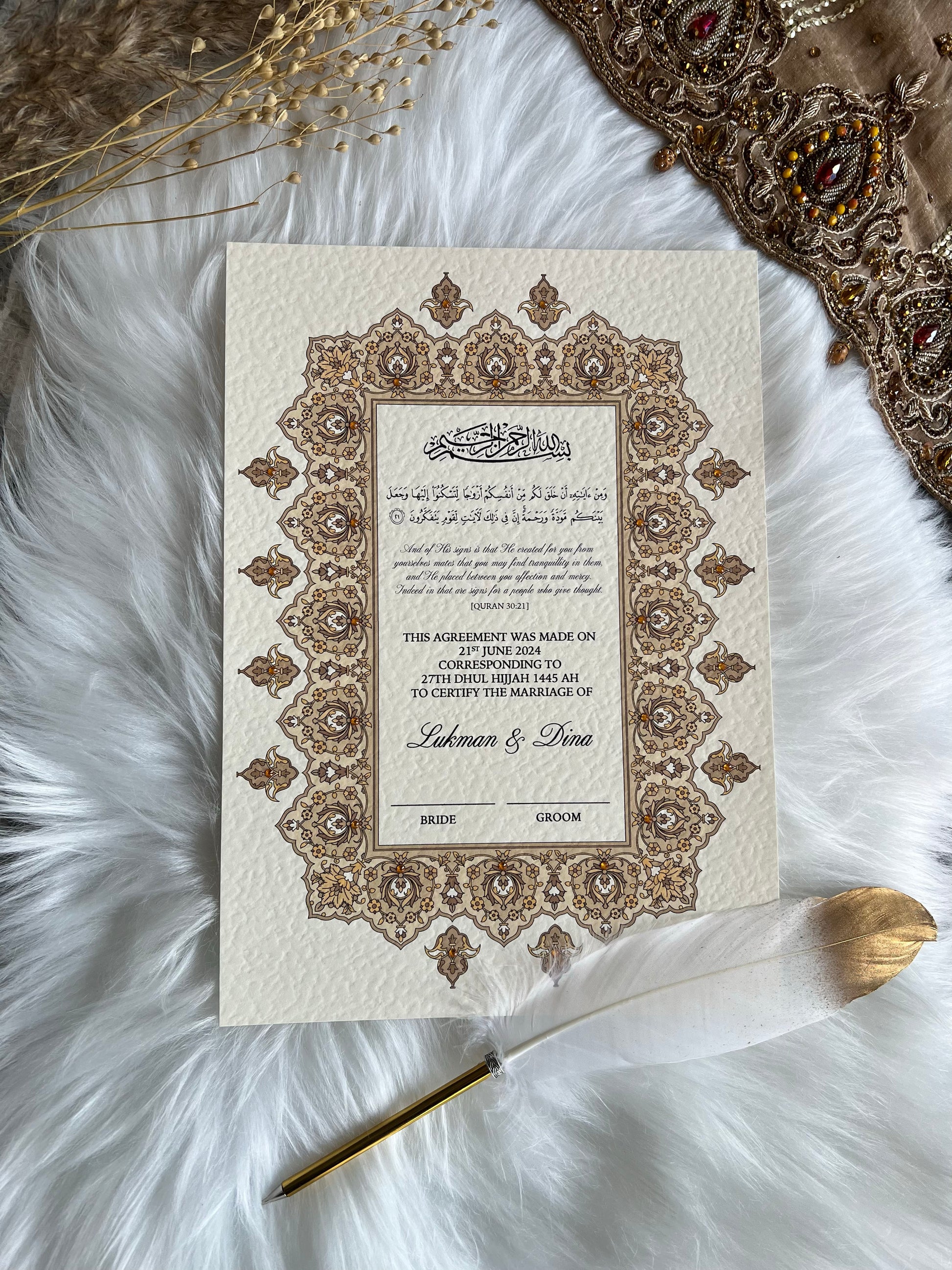 Gold Nikkah Certificate FREE Feather Pen Included