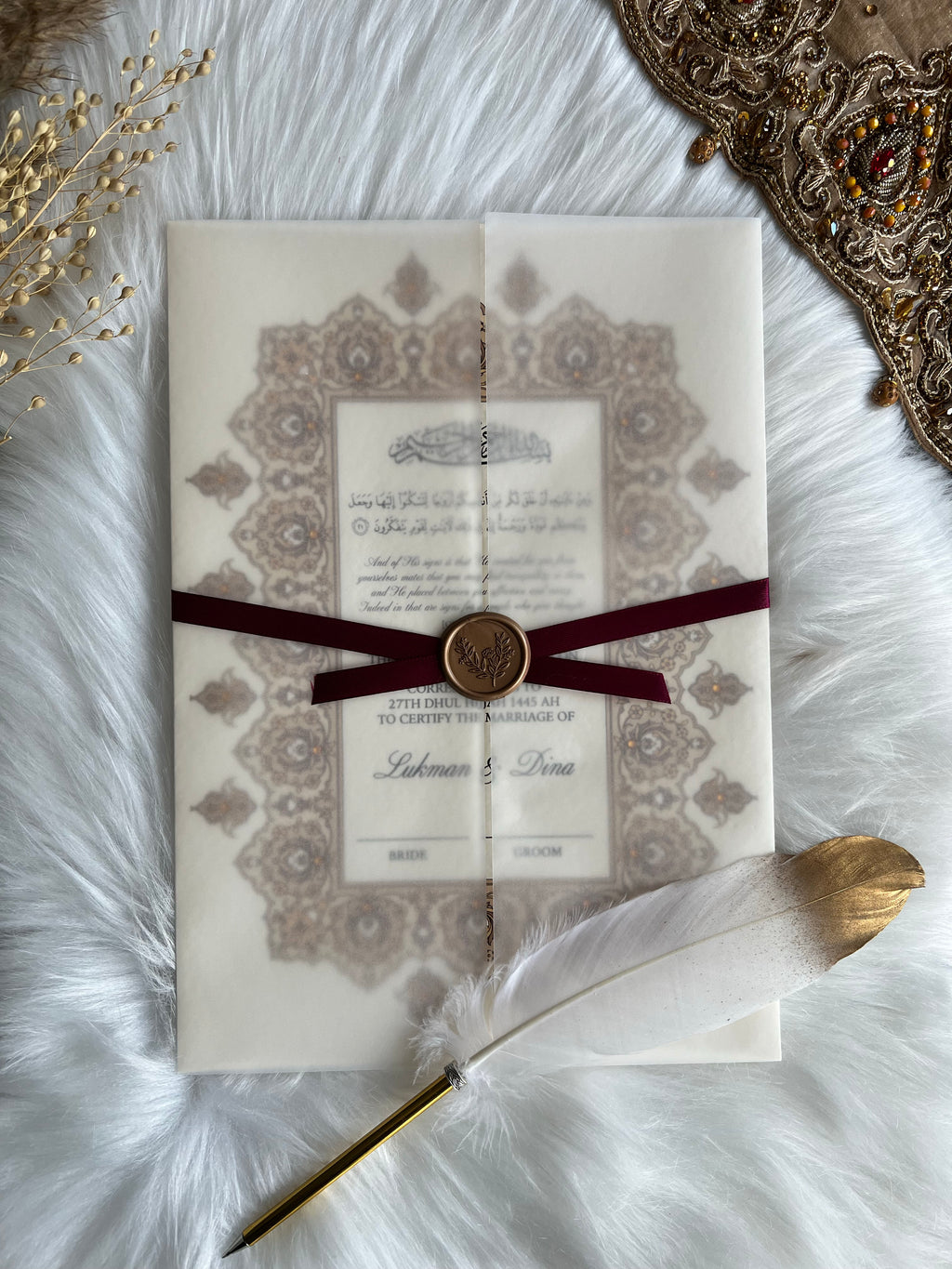 Gold Nikkah Certificate FREE Feather Pen Included