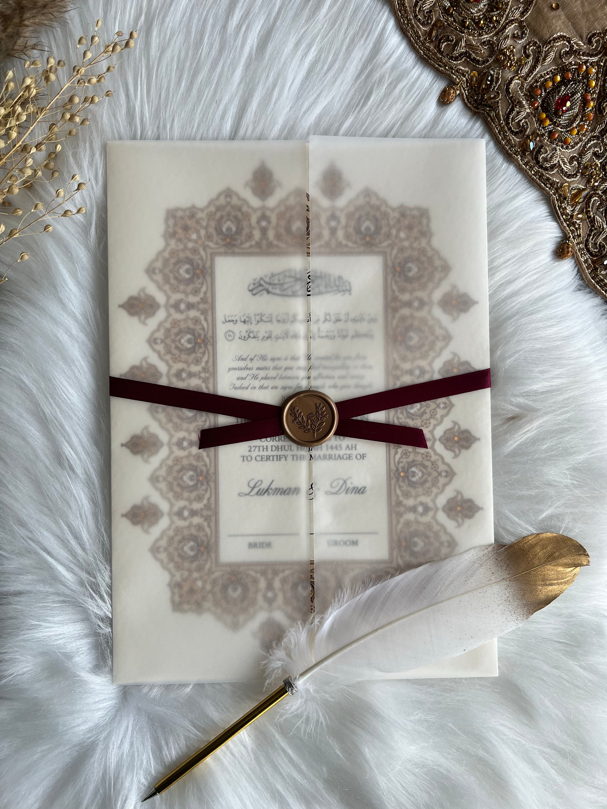 Gold Nikkah Certificate FREE Feather Pen Included