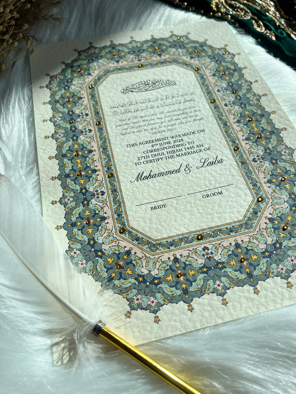 Green Al-Rawdah Inspired Nikkah Certificate FREE Feather Pen Included