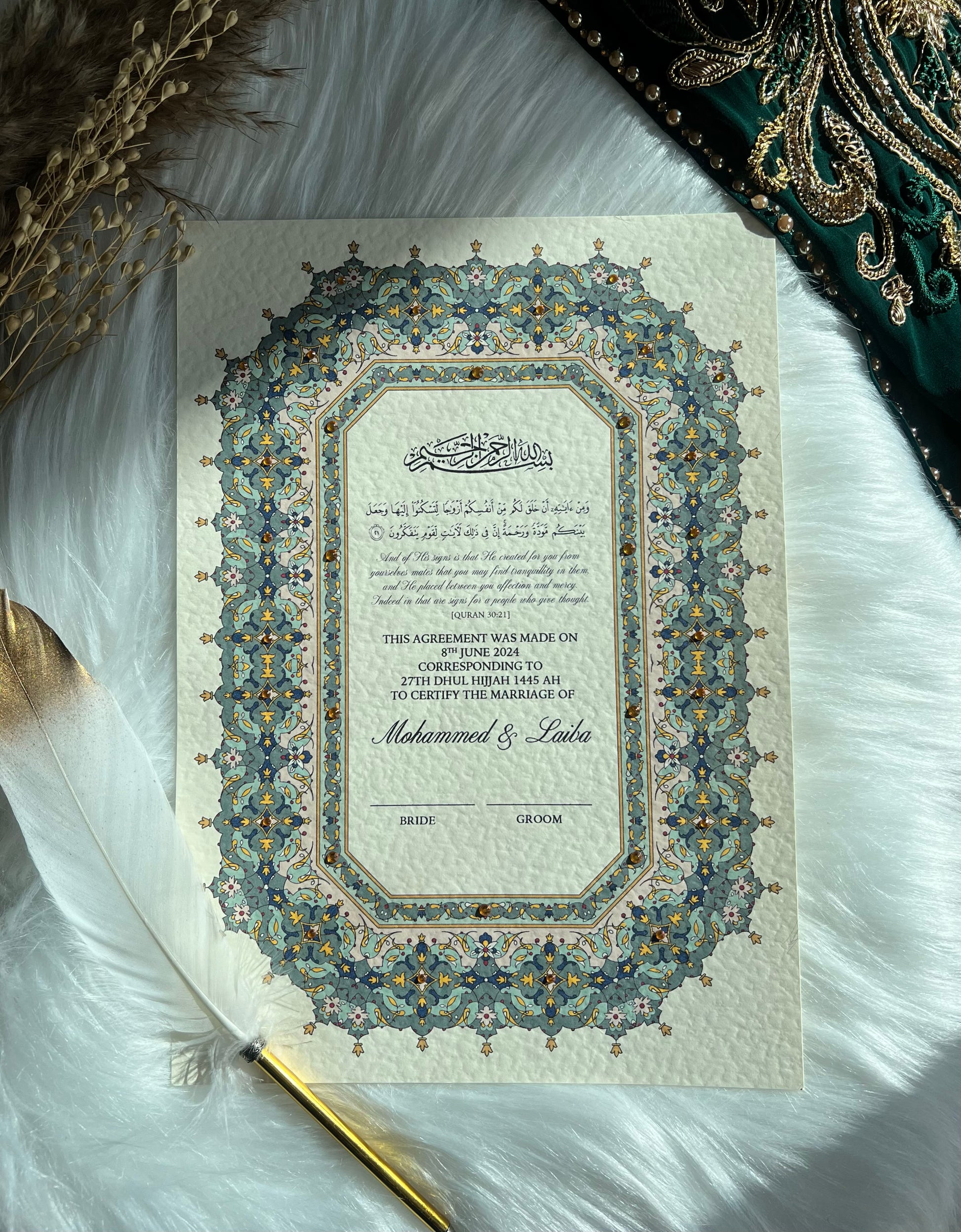 Green Al-Rawdah Inspired Nikkah Certificate FREE Feather Pen Included