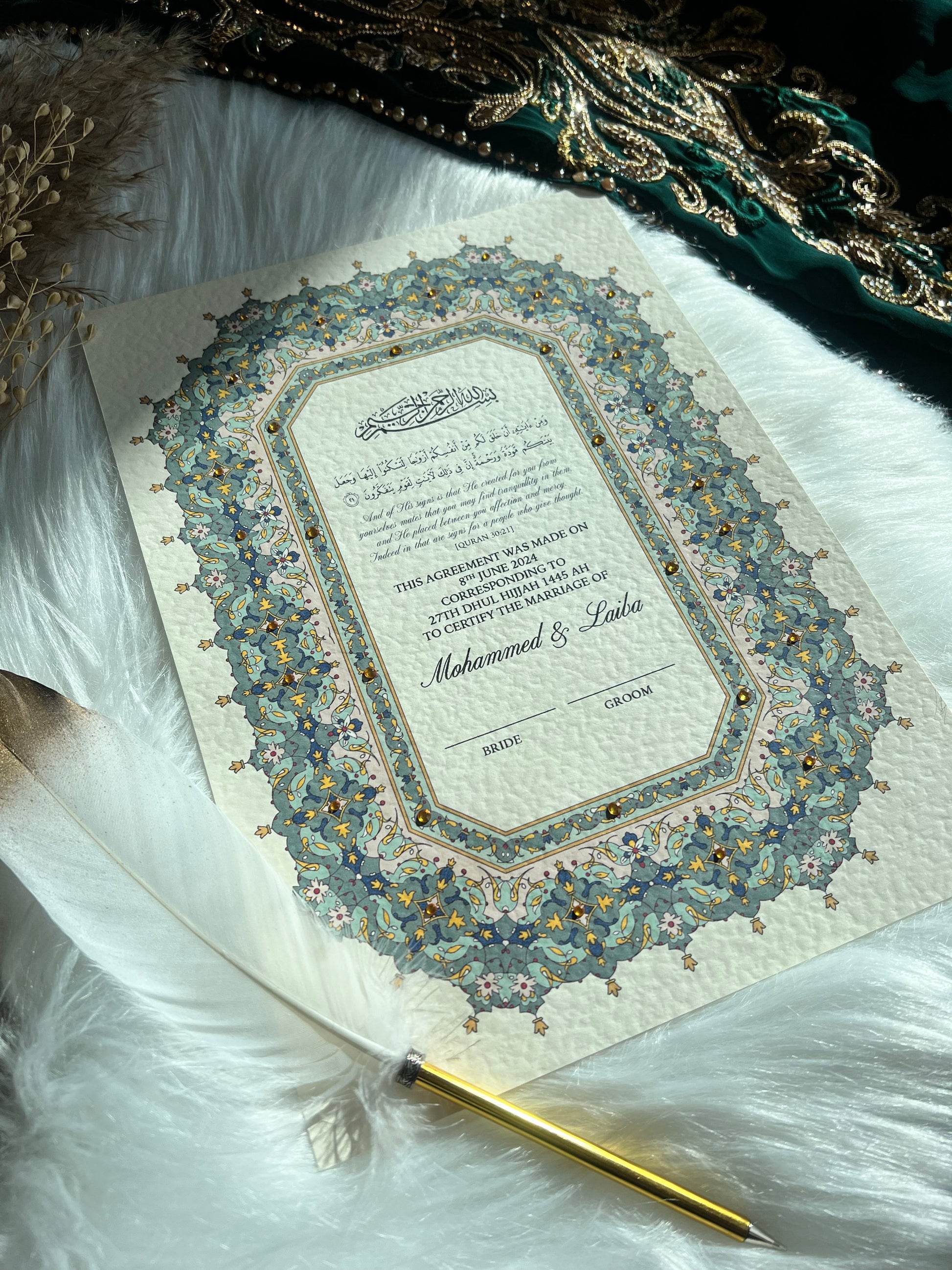 Green Al-Rawdah Inspired Nikkah Certificate FREE Feather Pen Included