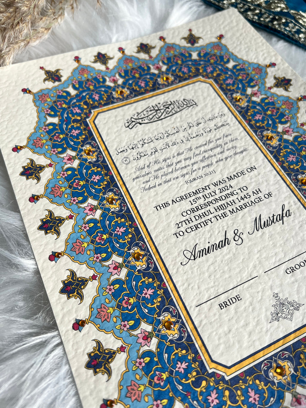 Luxury Blue Nikkah Certificate FREE Feather Pen Included