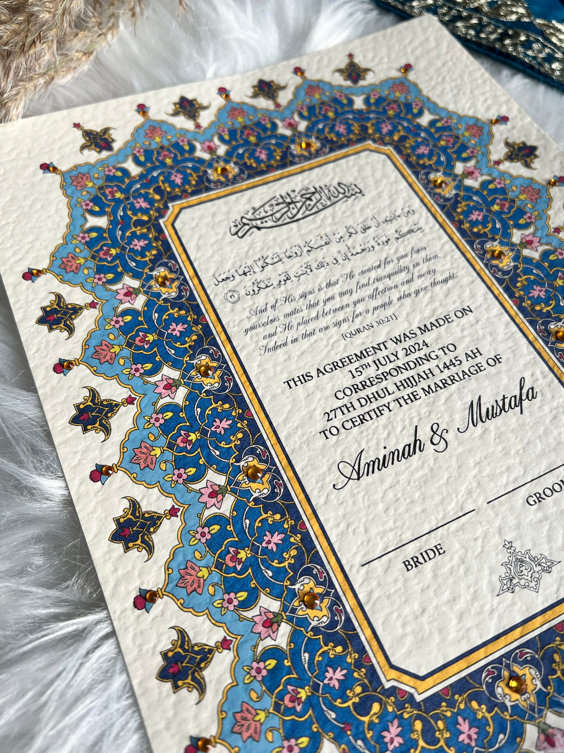 Luxury Blue Nikkah Certificate FREE Feather Pen Included