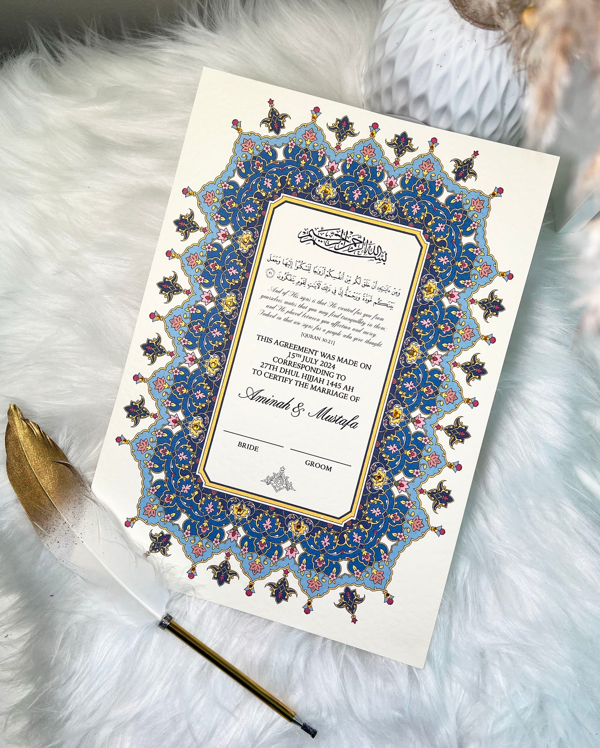 Luxury Blue Nikkah Certificate FREE Feather Pen Included