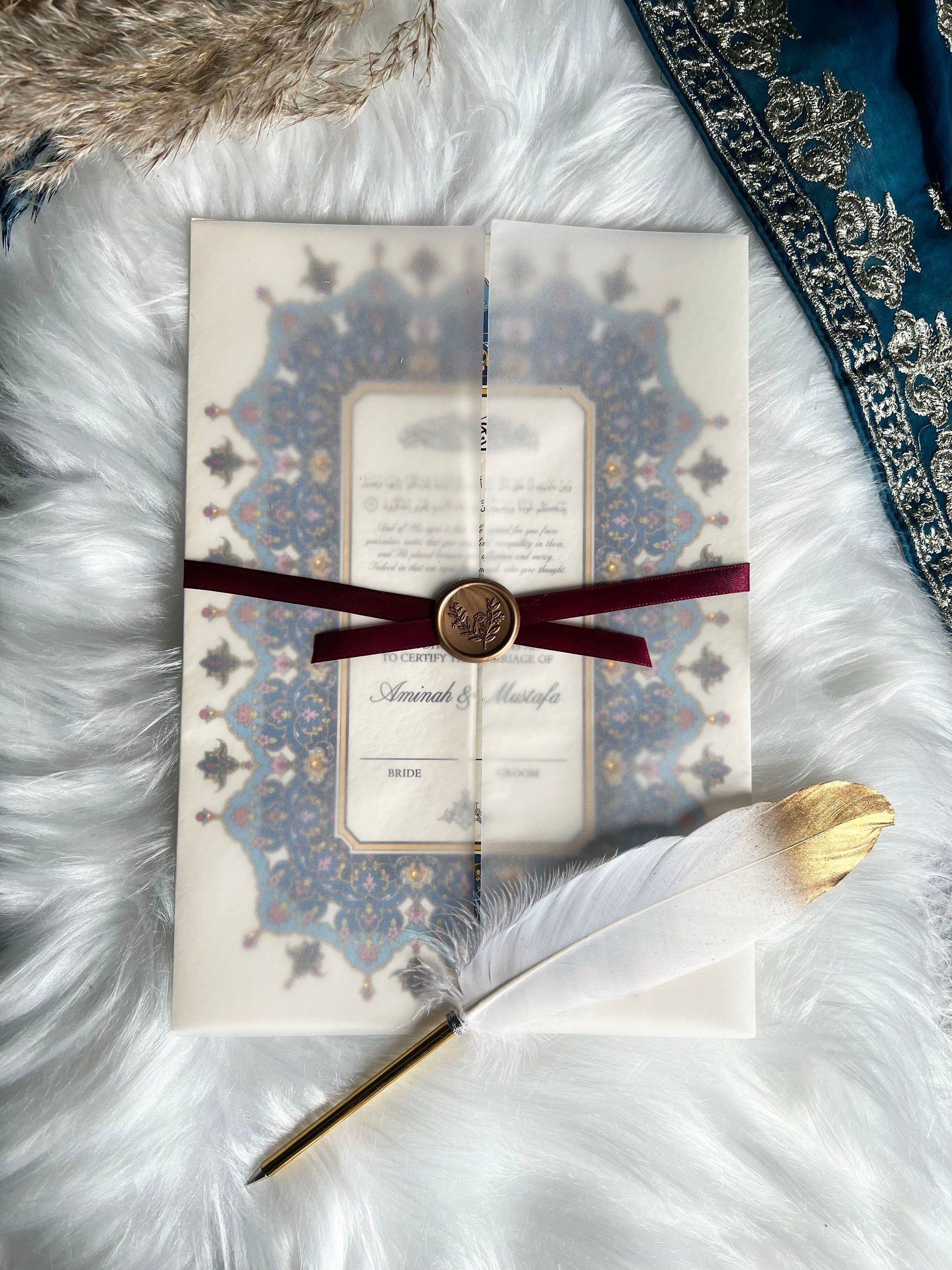Luxury Blue Nikkah Certificate FREE Feather Pen Included
