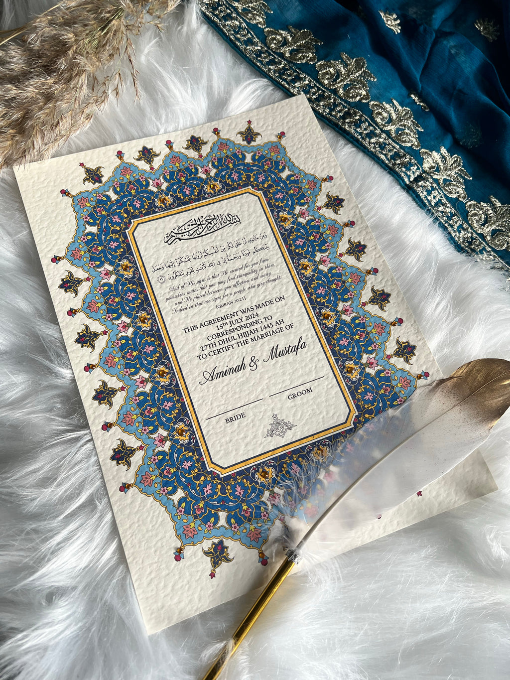 Luxury Blue Nikkah Certificate FREE Feather Pen Included